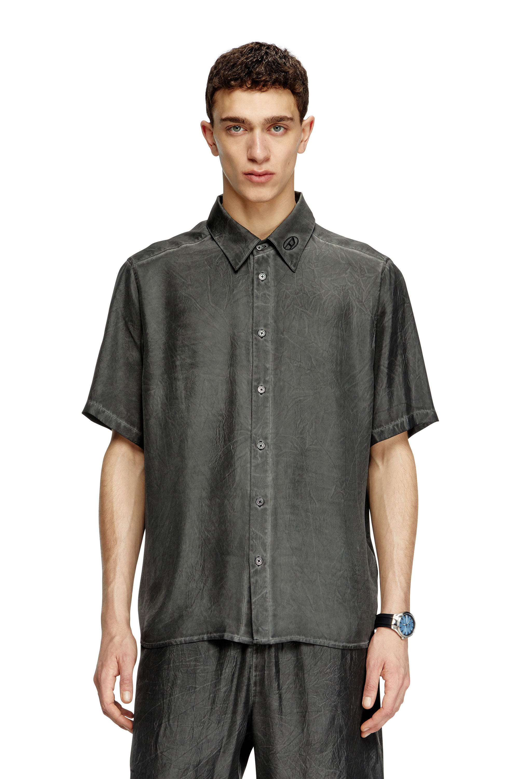 Diesel - S-LEON-SHORT, Unisex's Crinkled short-sleeve shirt with logo collar in Black - 3