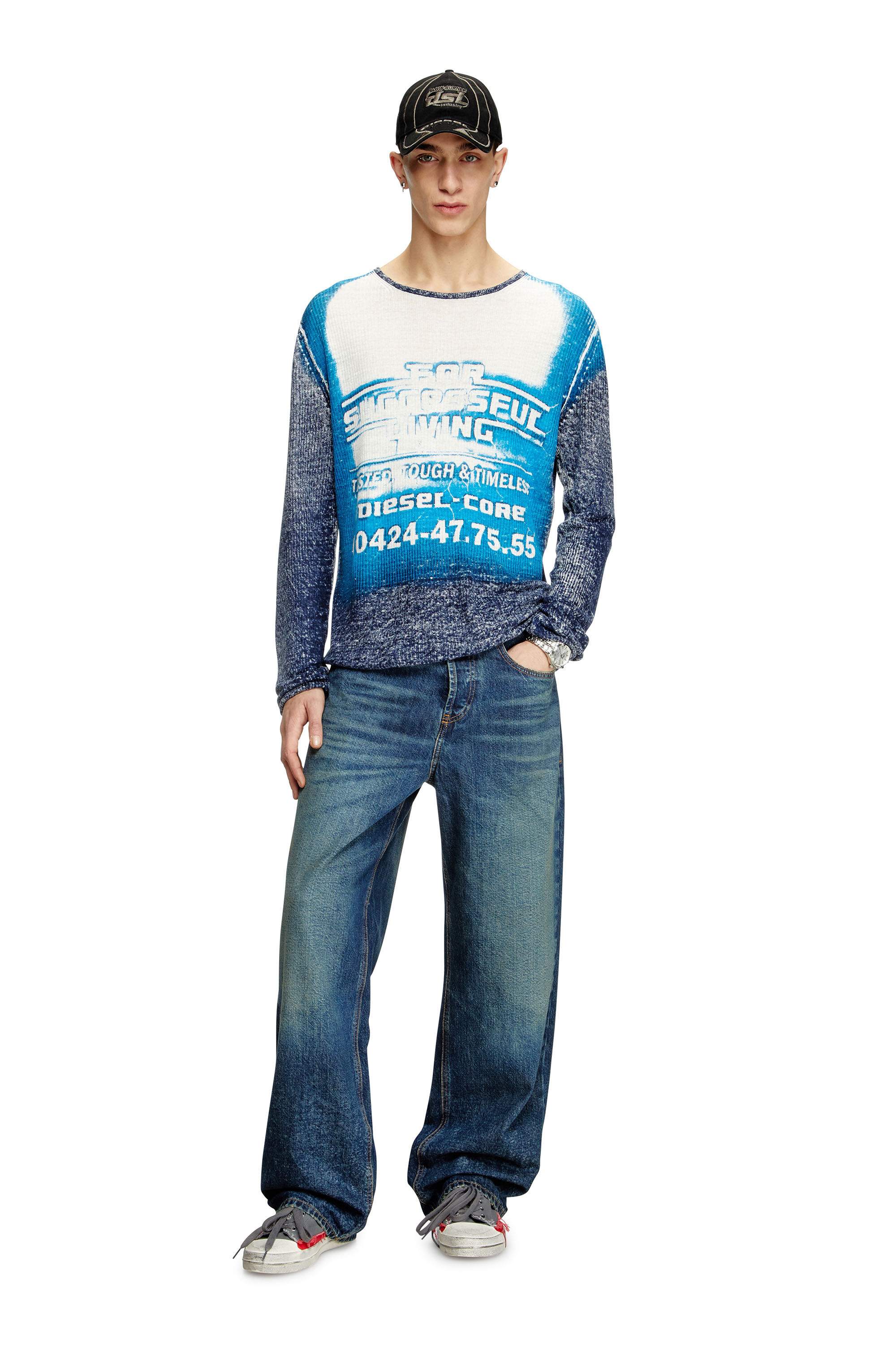 Diesel - K-ROD, Man's Linen jumper with logo graphic in Blue - 1