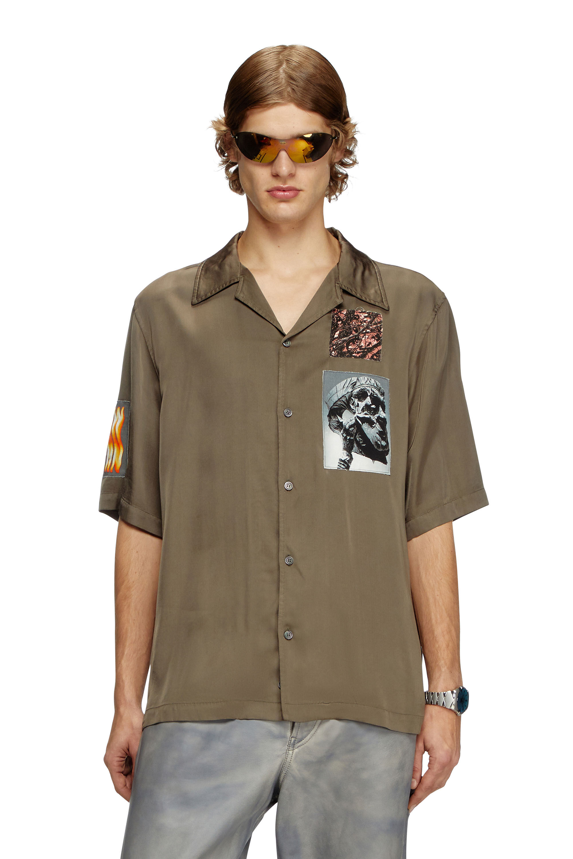 Diesel - S-DAXHE, Man's Short-sleeve satin shirt with patches in Military Green - 3