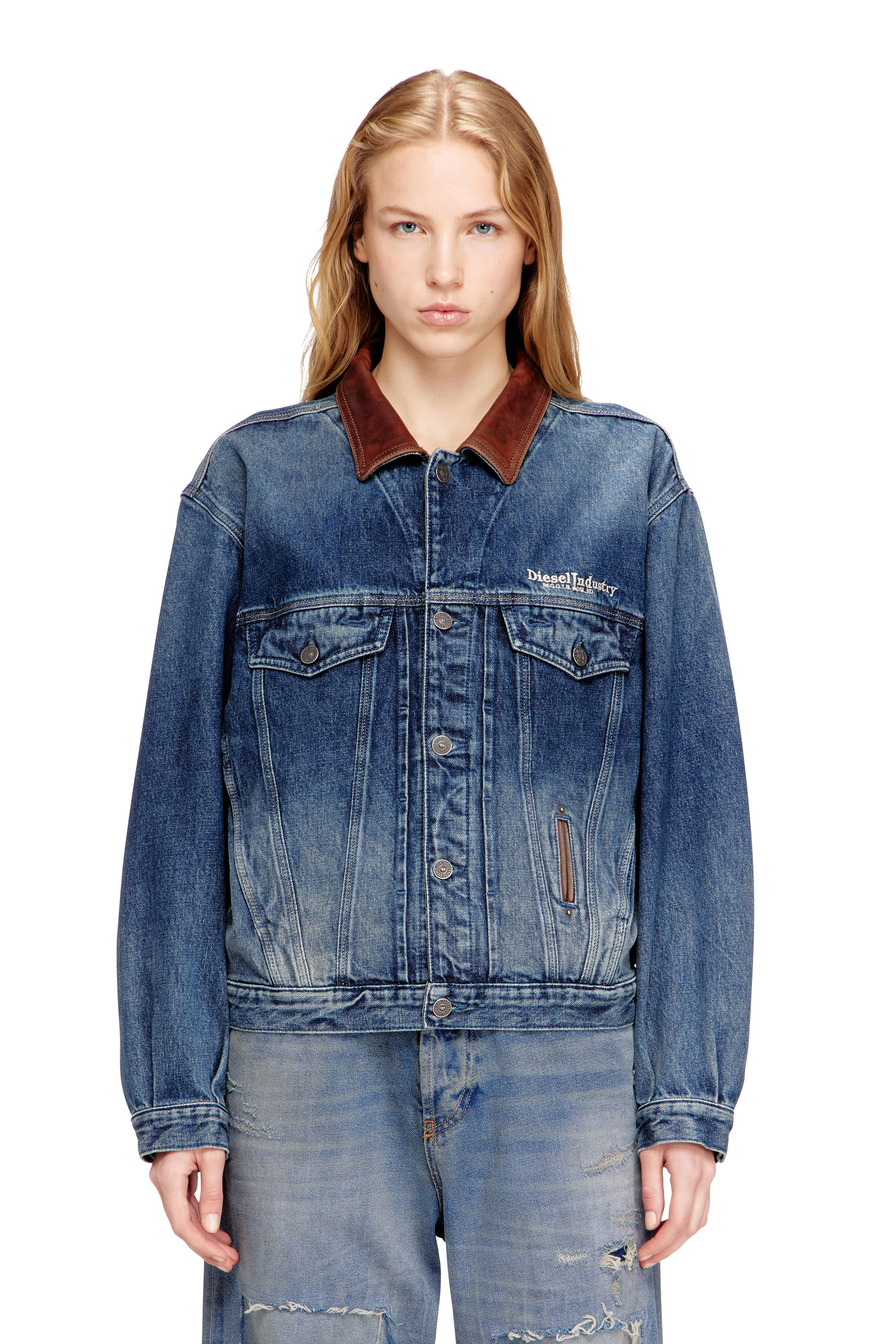 Diesel - D-DENVER-S1, Unisex's Denim trucker jacket with contrast leather trims in Blue - 6
