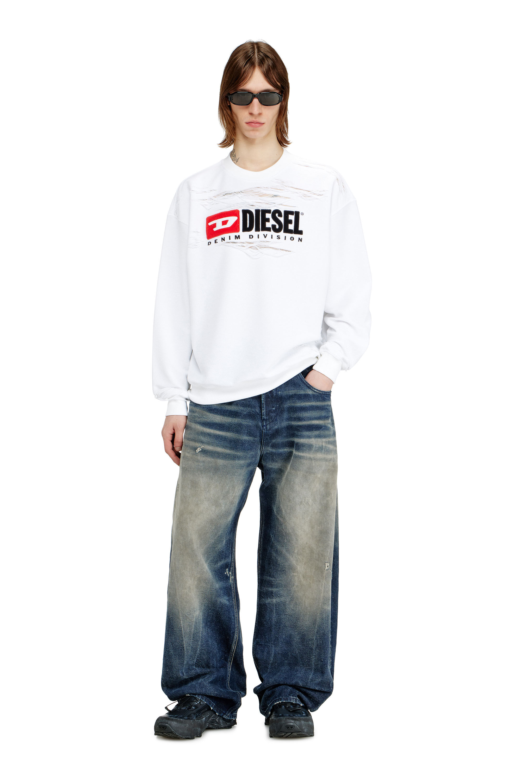 Diesel - S-BOXT-V1, Man's Sweatshirt with devor&egrave;e floating threads in White - 1