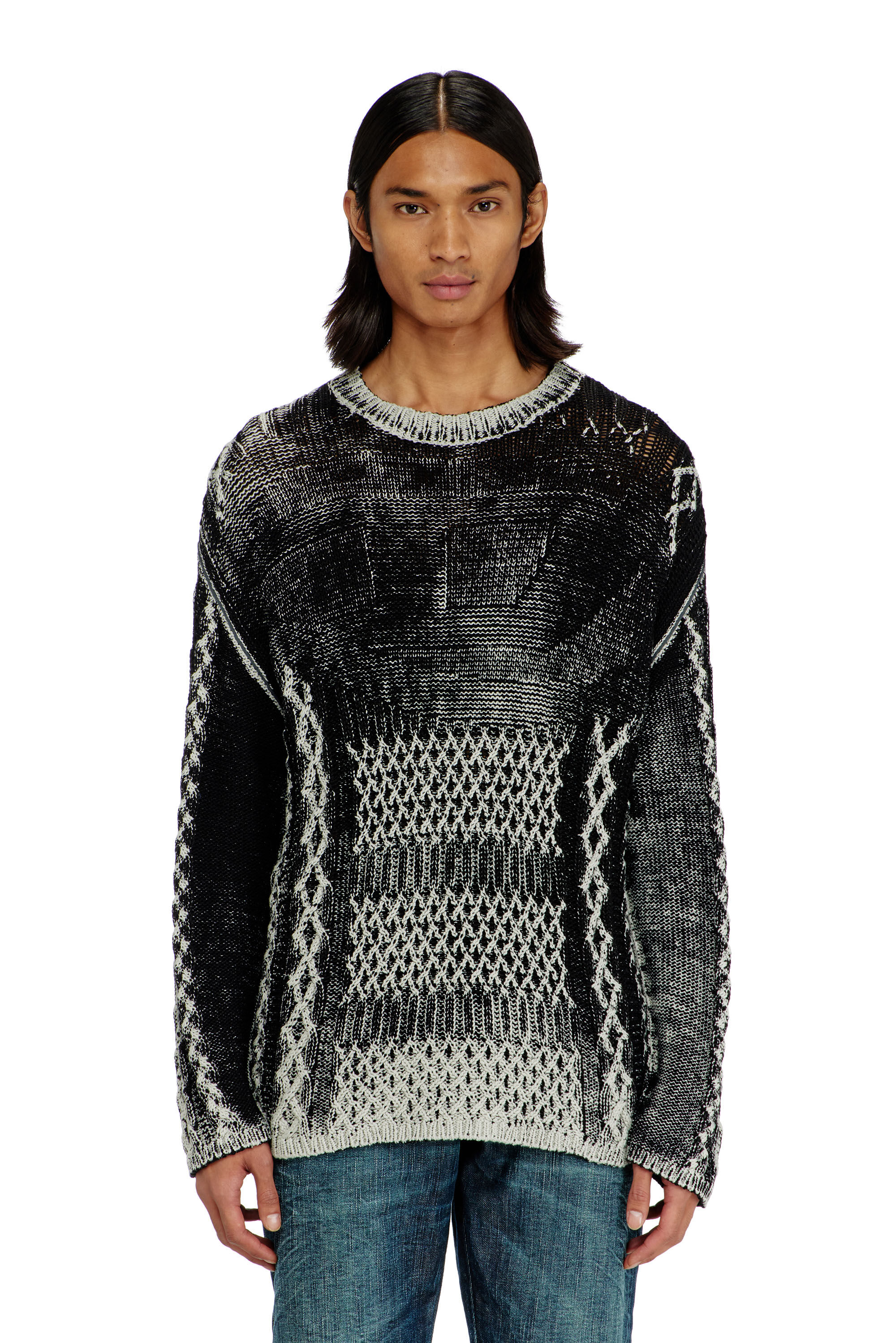 Diesel - K-MIONE, Man's Treated cable-knit jumper in Grey/Black - 3