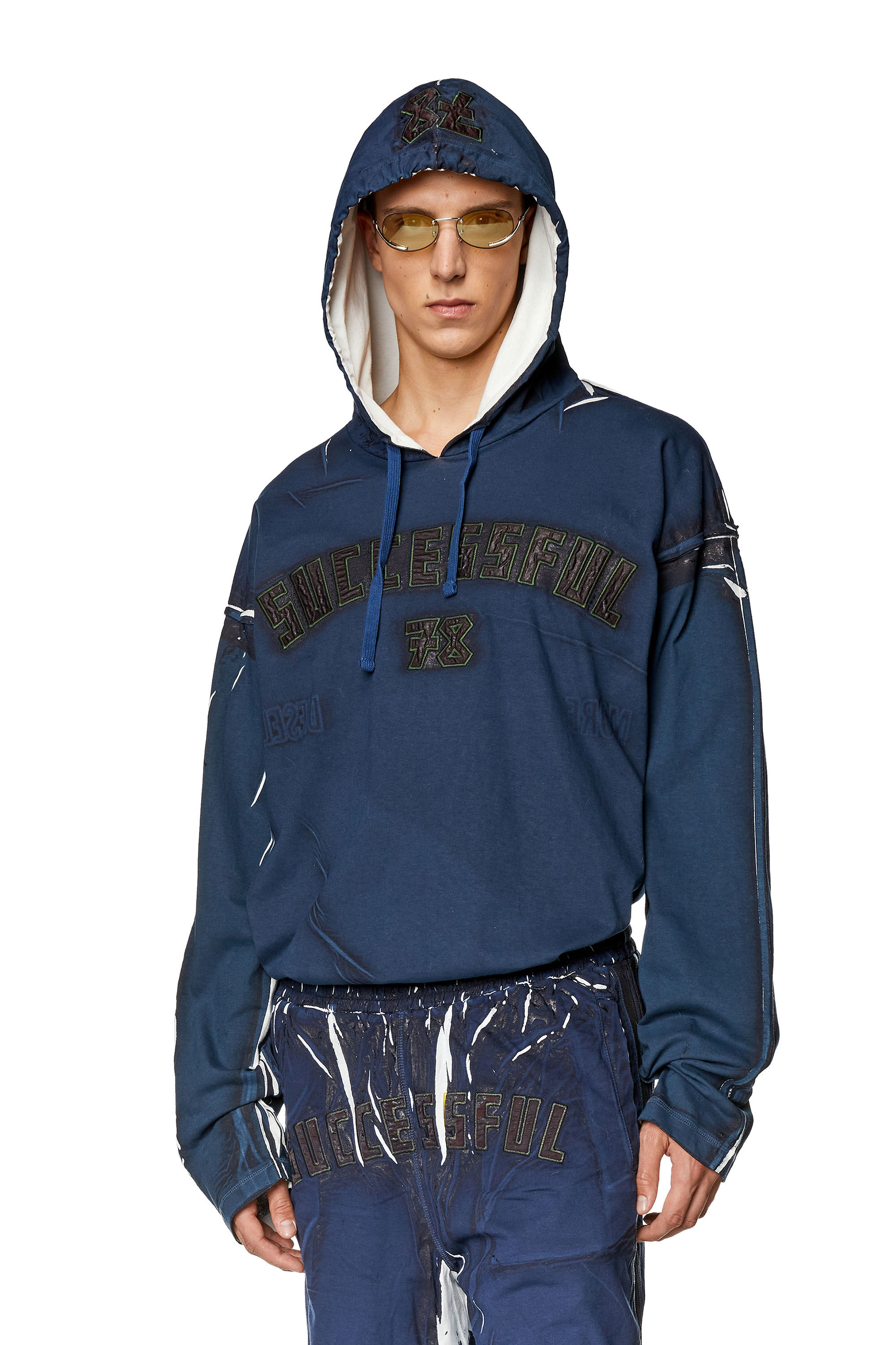 Diesel - T-NABEL-HOOD-LS, Man's Printed hooded top with logo appliqués in Dark Blue - 3