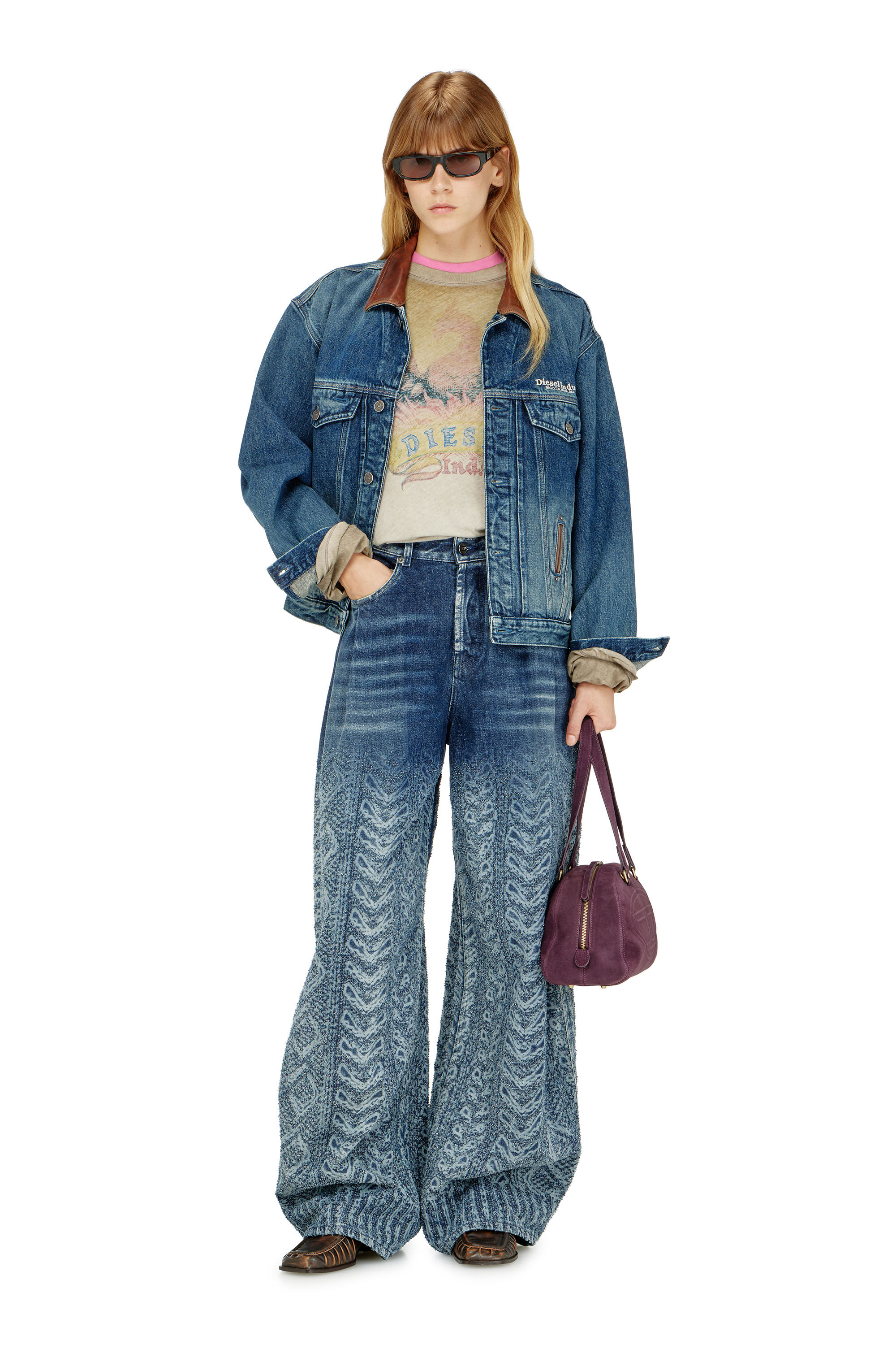 Diesel - D-DENVER-S1, Unisex's Denim trucker jacket with contrast leather trims in Blue - 7