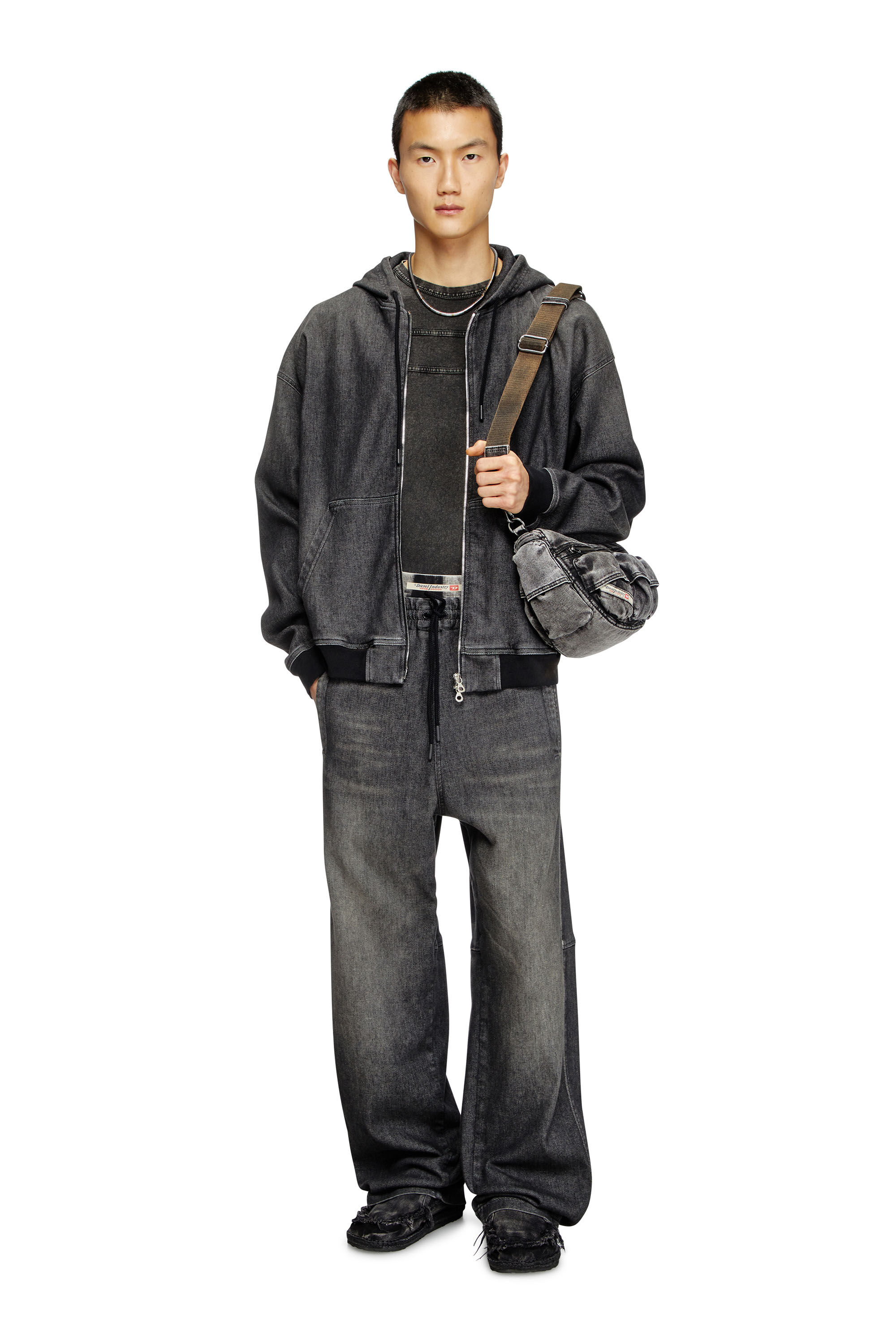 Diesel - D-GIRI-S TRACK, Unisex's Zipped hoodie in dirt-effect Track Denim in Black - 1