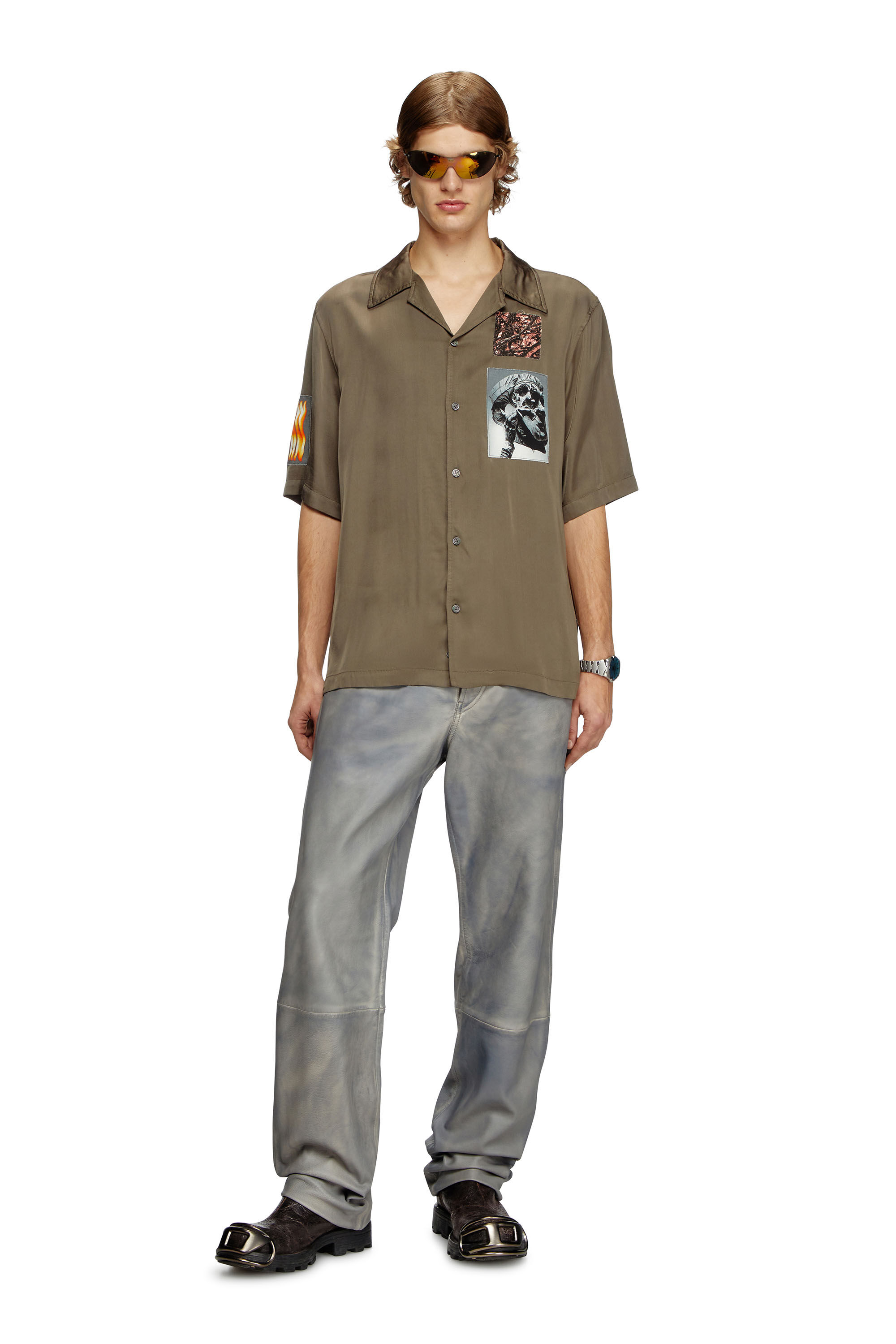 Diesel - S-DAXHE, Man's Short-sleeve satin shirt with patches in Military Green - 1