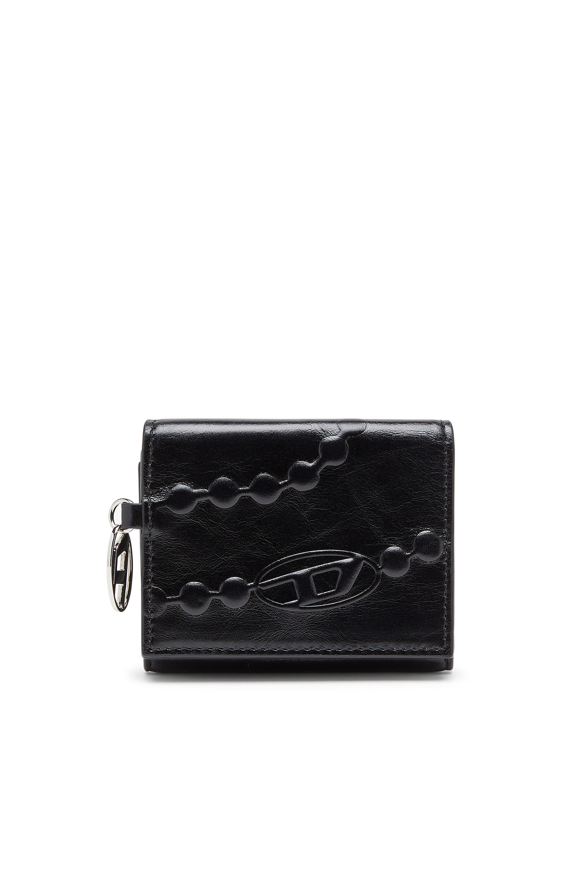 Diesel - OVAL-D TRI FOLD ZIP COIN XS II, Woman's Leather tri-fold wallet with embossed motif in Black - 1