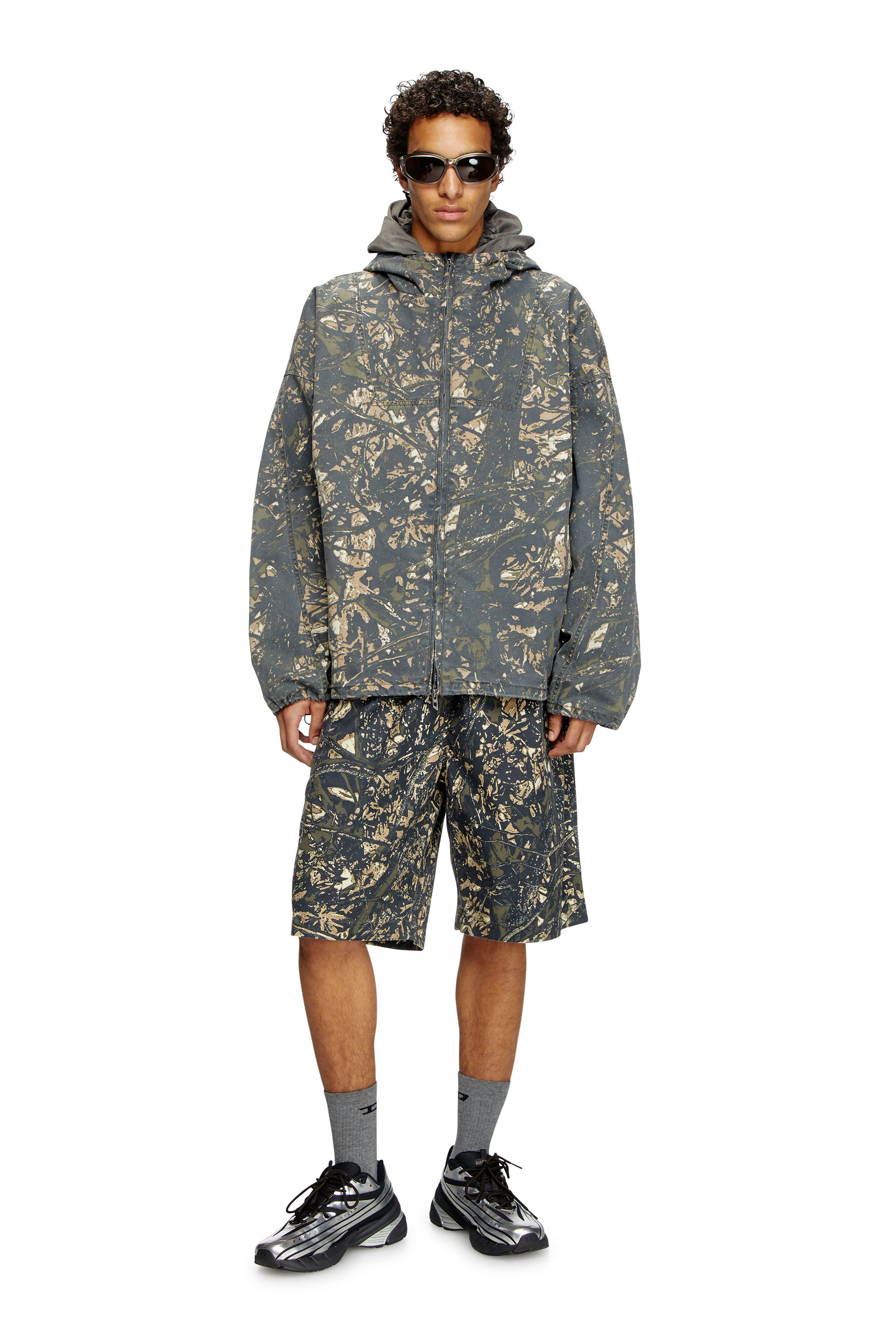Diesel - J-LINT, Man's Hooded jacket with camo print in Green/Brown - 1