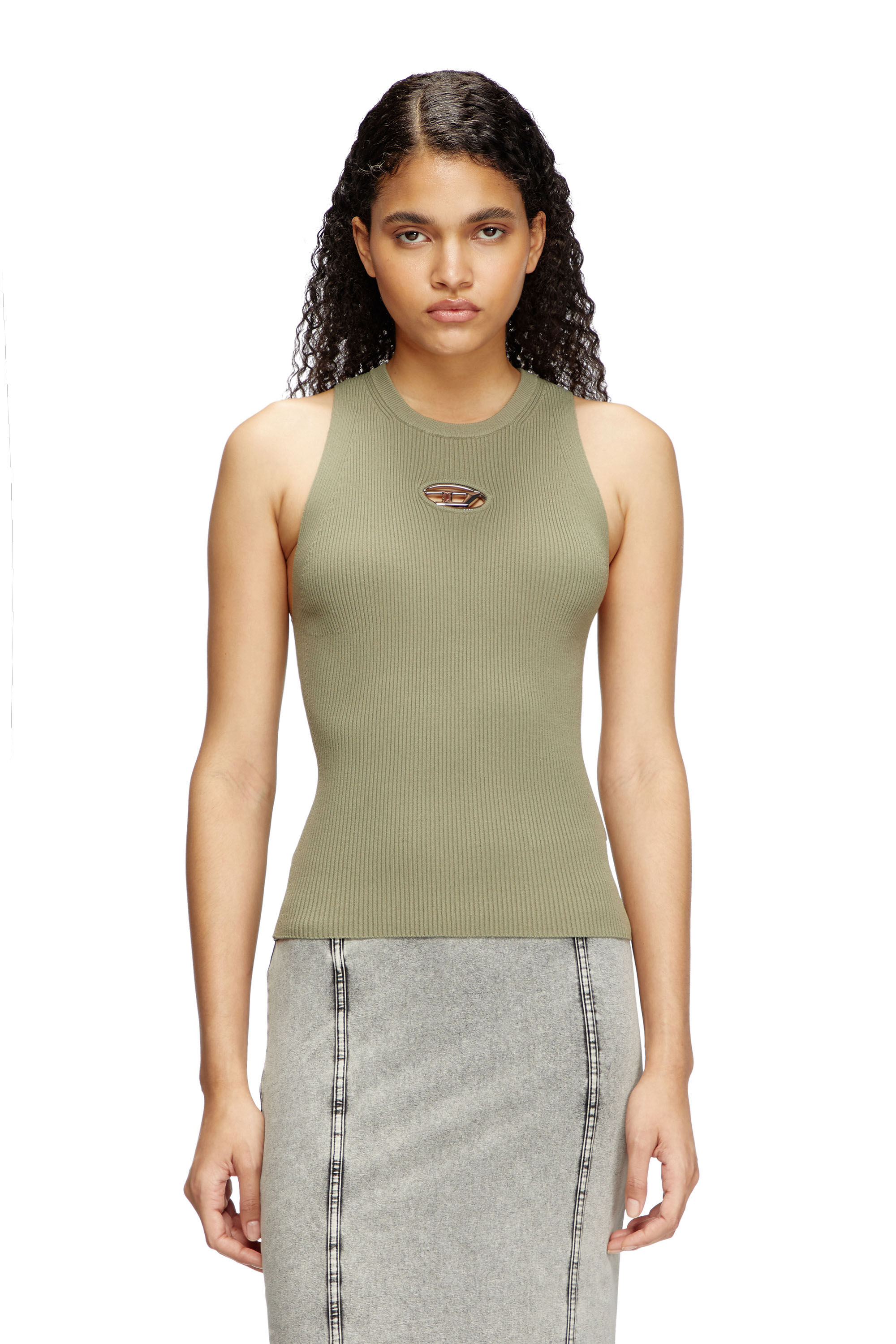 Diesel - M-CADDIX-TOP, Woman's Rib-knit top with small logo plaque in Green - 3