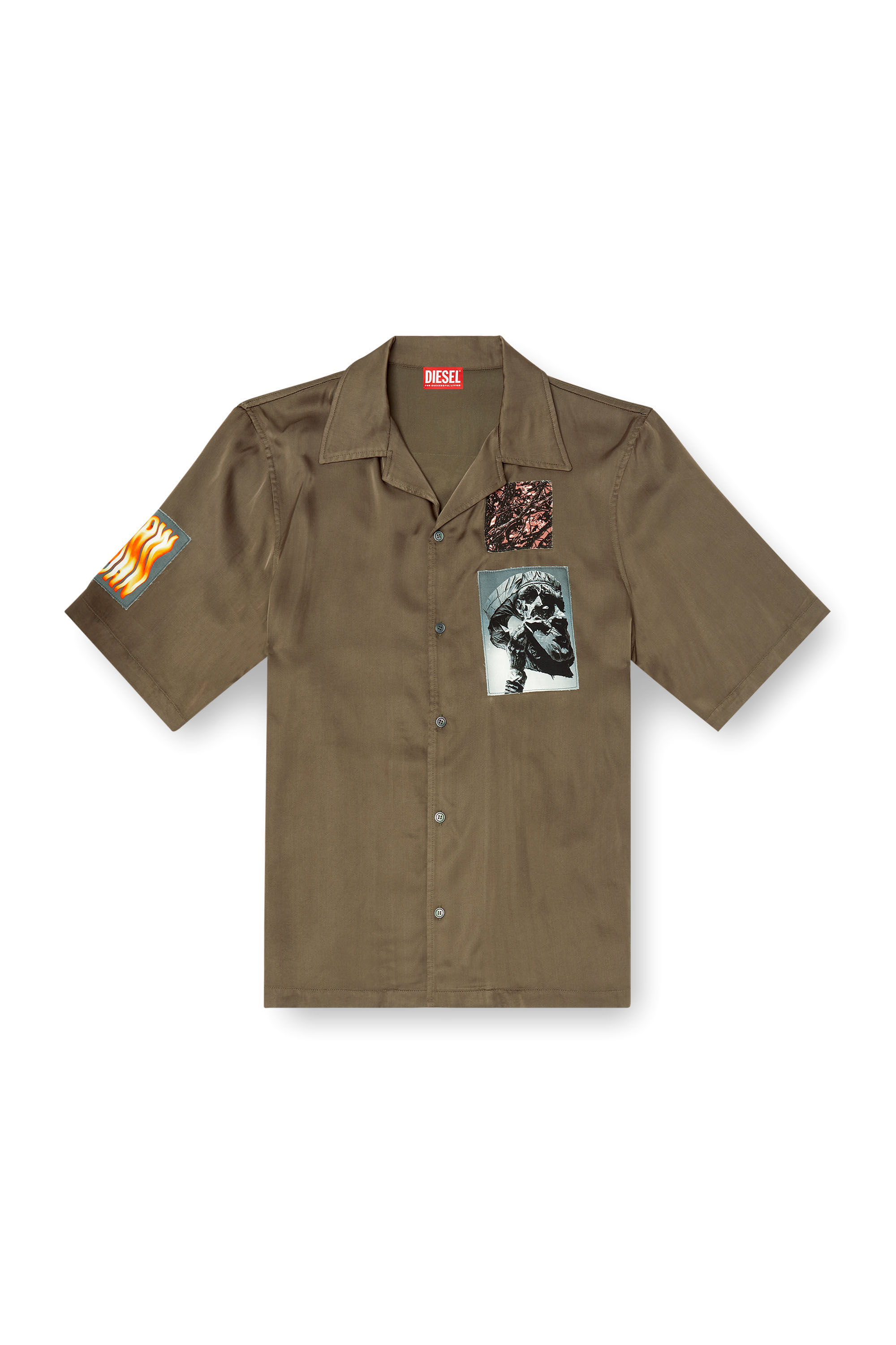 Diesel - S-DAXHE, Man's Short-sleeve satin shirt with patches in Military Green - 2