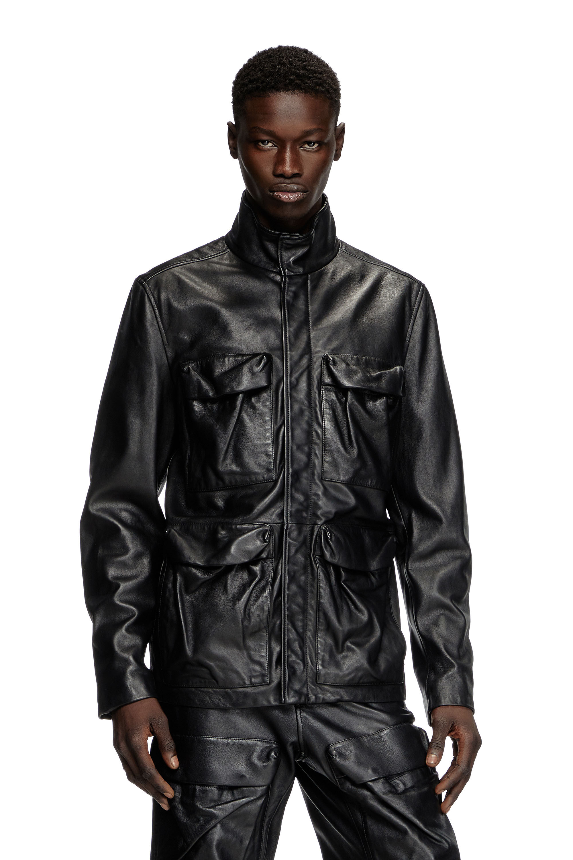 Women's Leather jacket with utility pockets | Black | Diesel