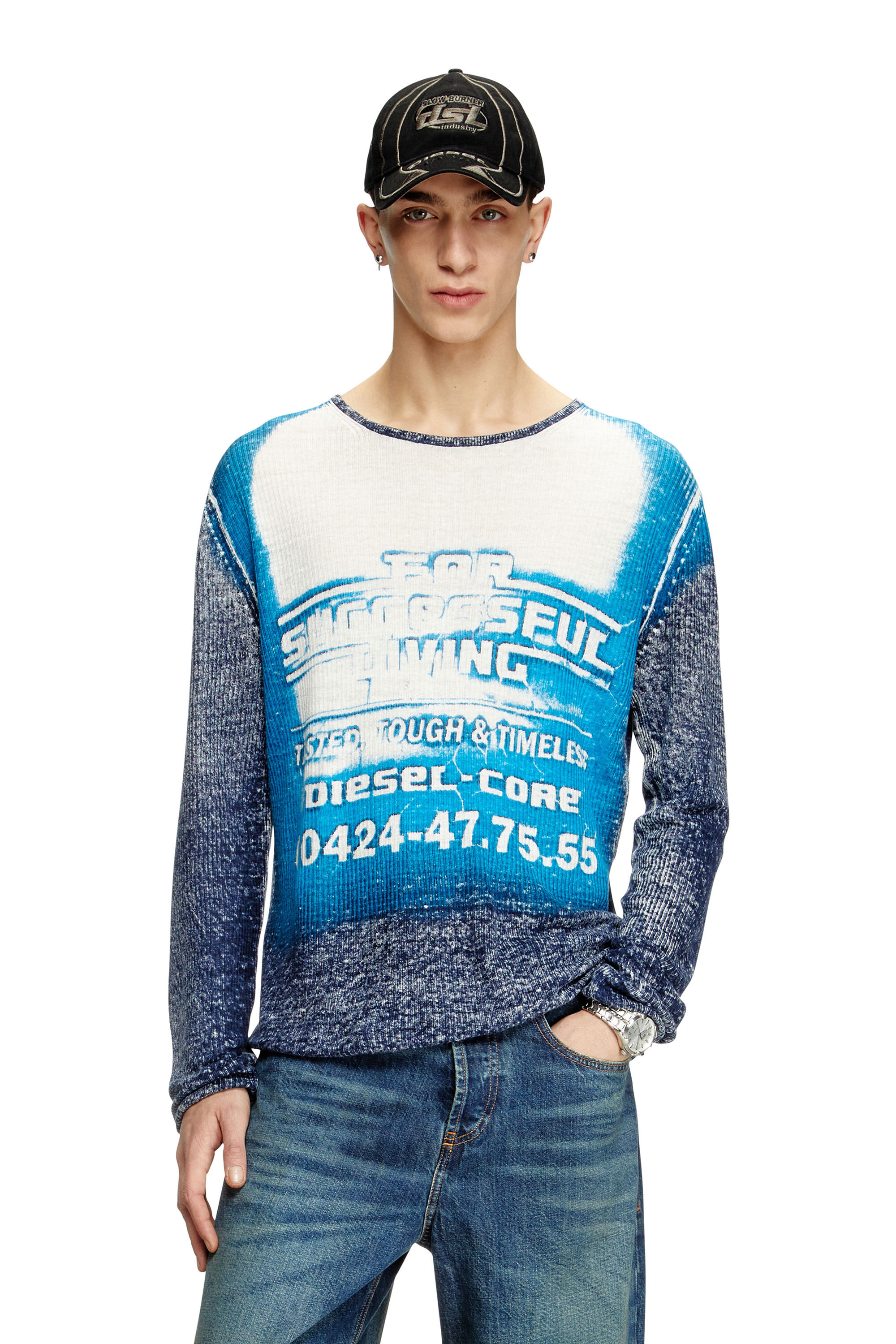 Diesel - K-ROD, Man's Linen jumper with logo graphic in Blue - 3
