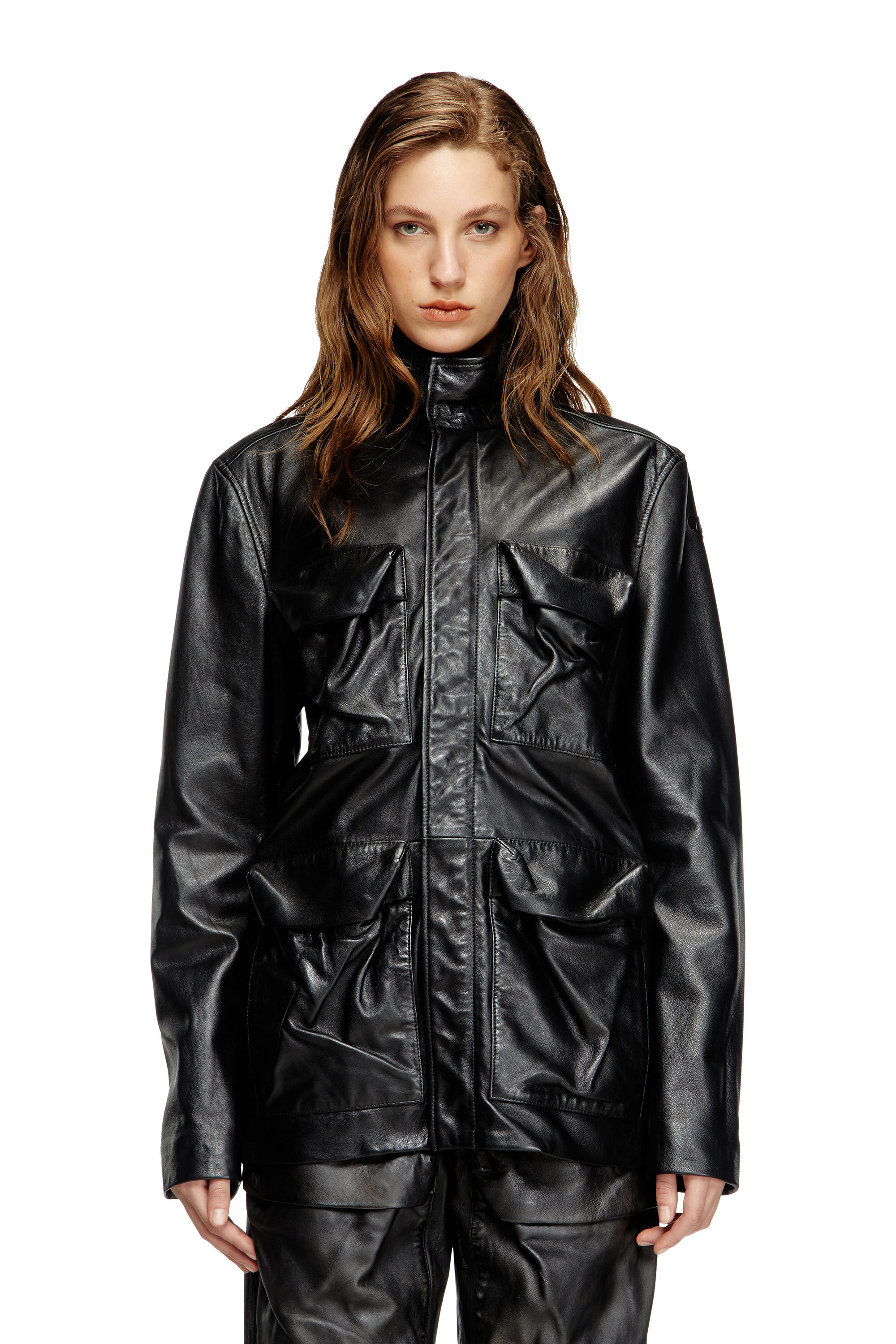 Women's Leather jacket with utility pockets | Black | Diesel