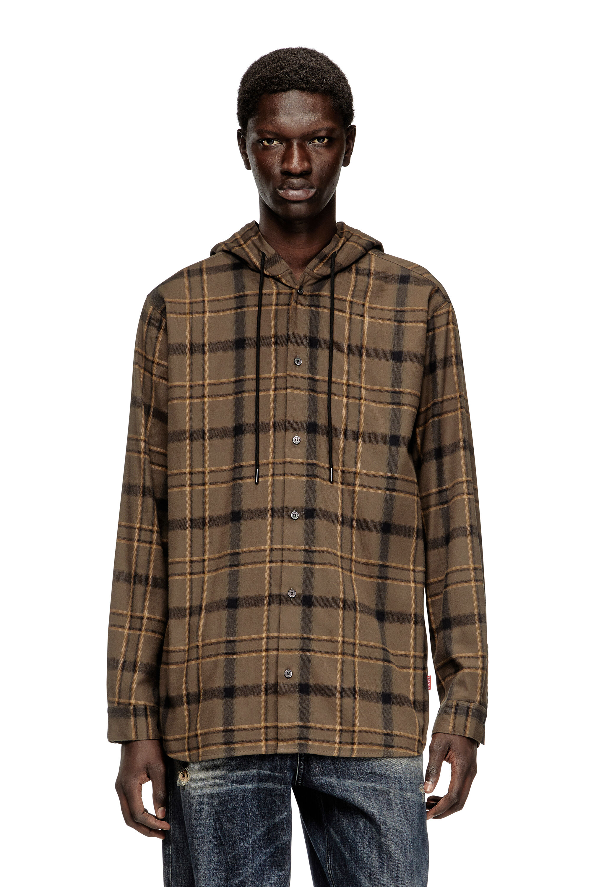Diesel - S-IX, Man's Hooded shirt in check flannel with logo in Brown - 3