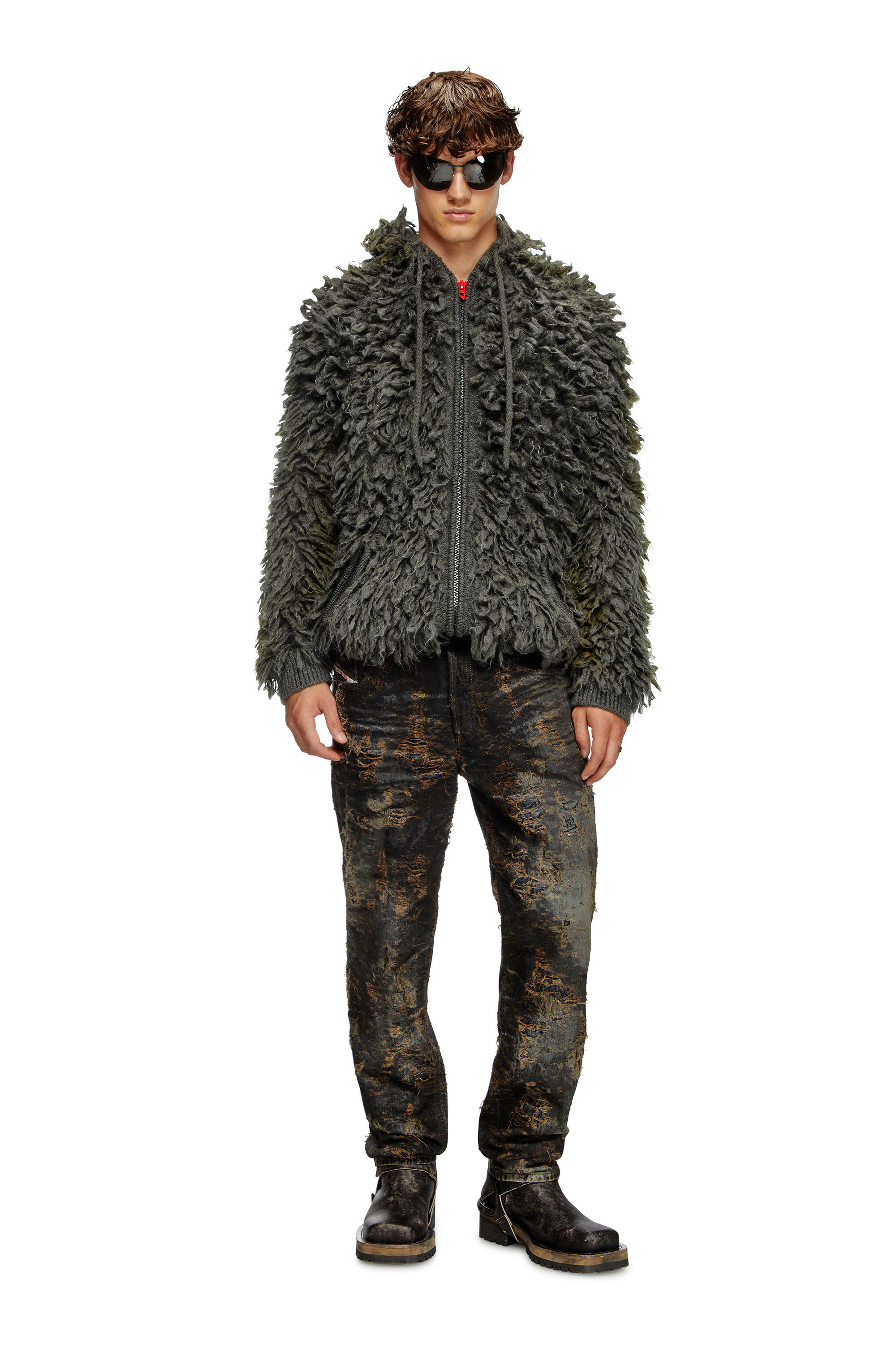 Men s Hooded cardigan in shaggy knit Grey Diesel