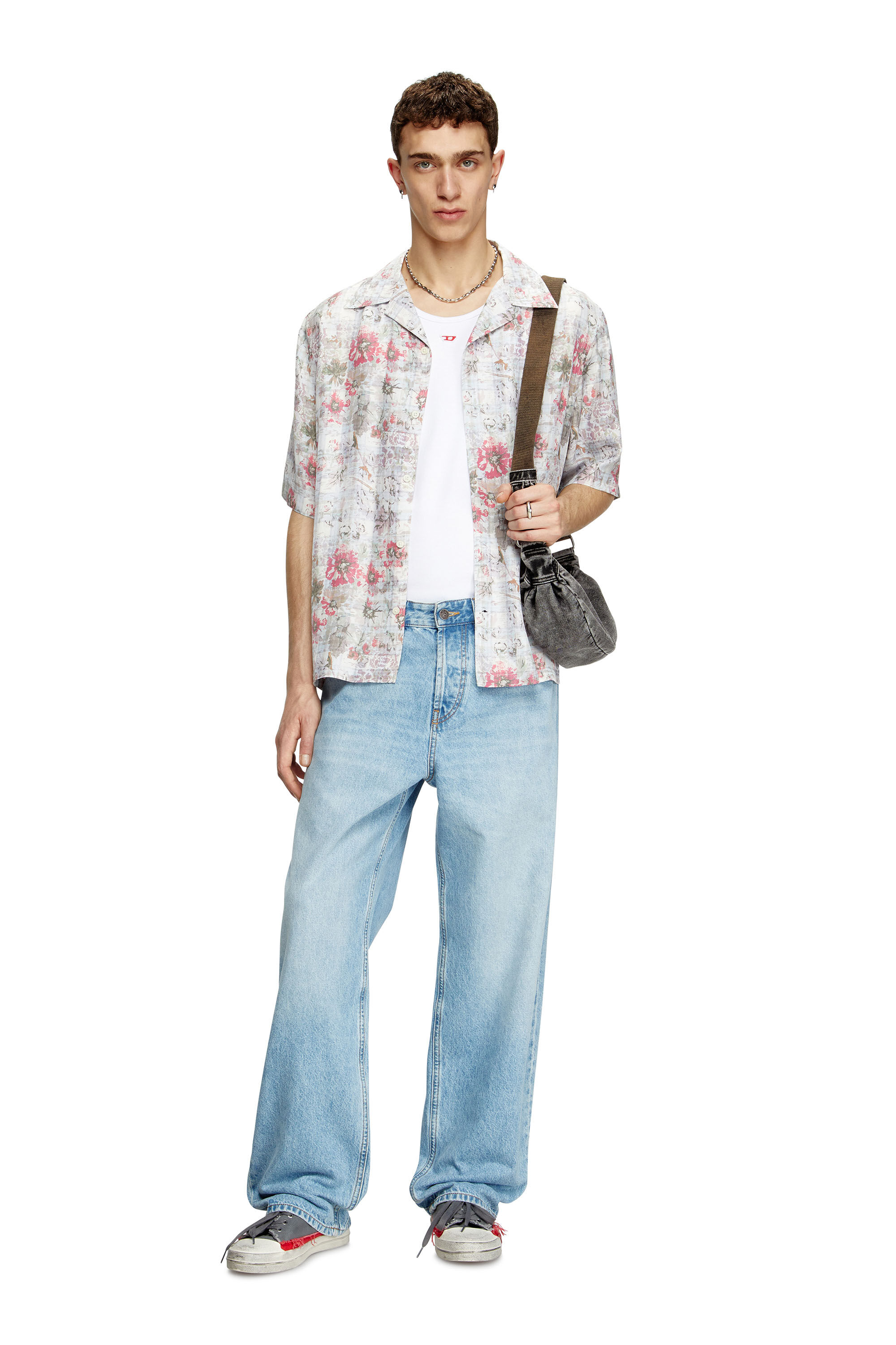 Diesel - S-LEYS, Man's Bowling shirt with floral print in Blue/Pink - 1