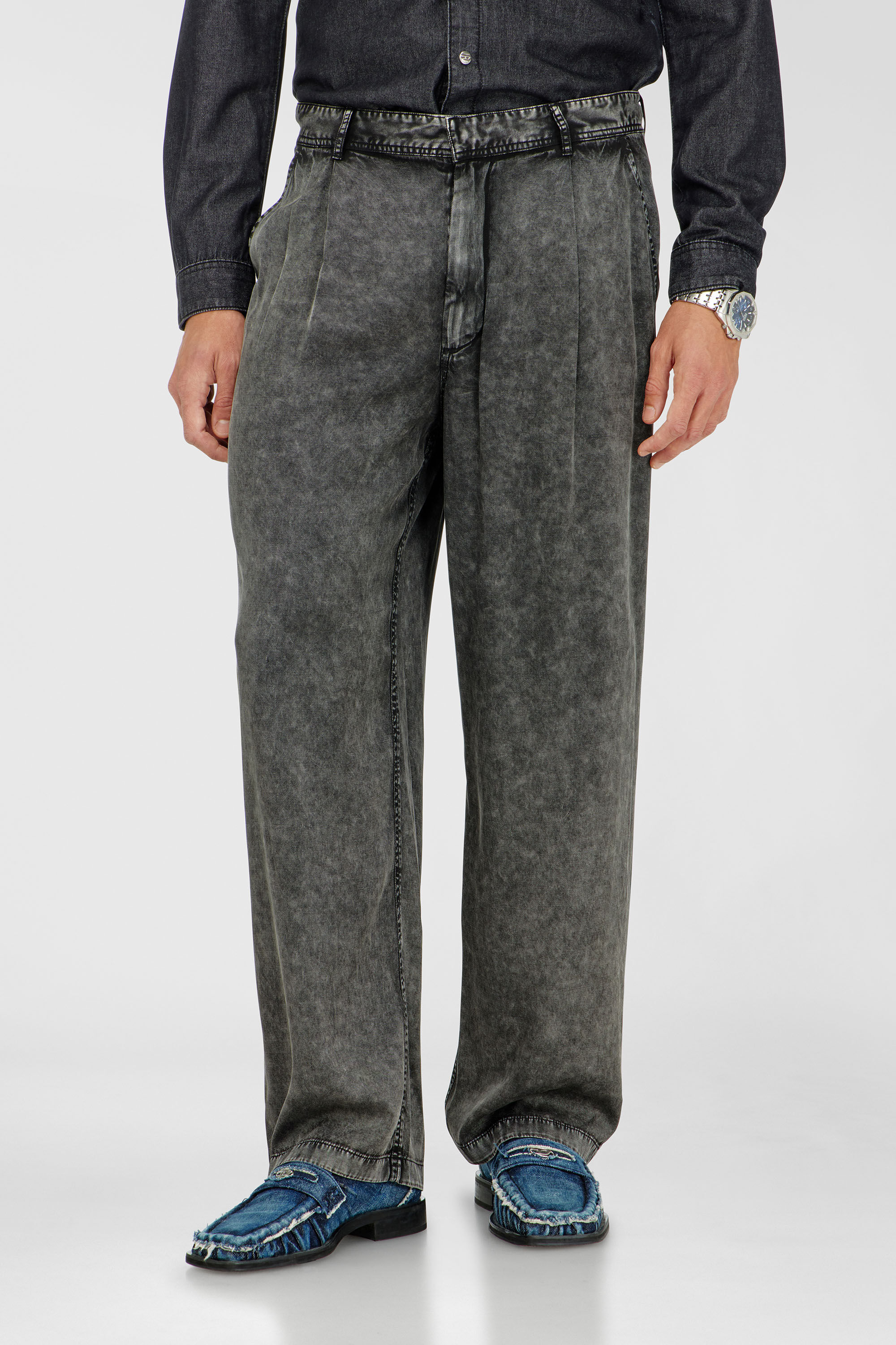 Diesel - P-FAUST-NIBC, Man's Wide-leg pants in denim-effect viscose in Black - 3
