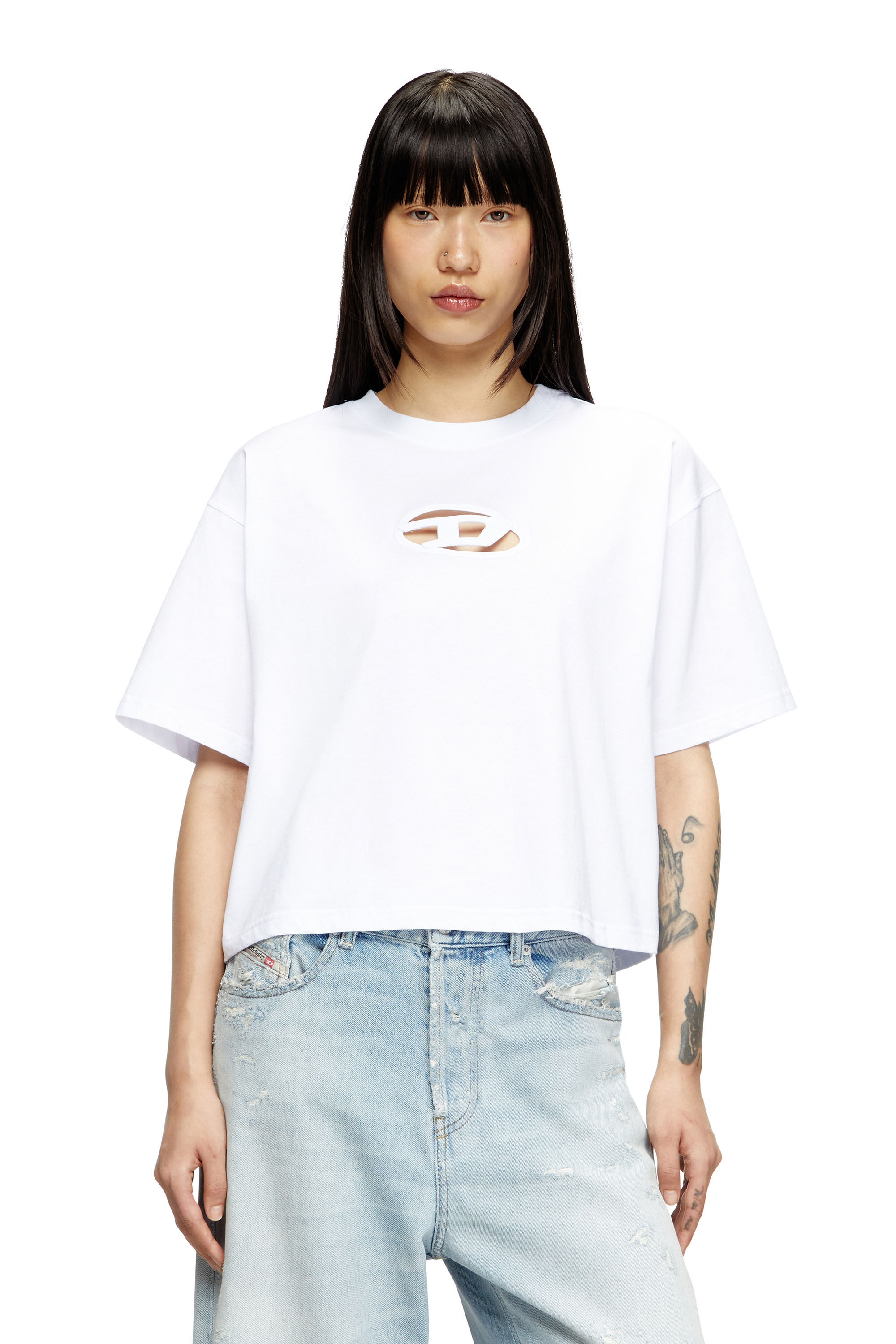 Diesel - T-BUXT-CROP-OD, Woman's Boxy T-shirt with cut-out Oval D logo in White - 3