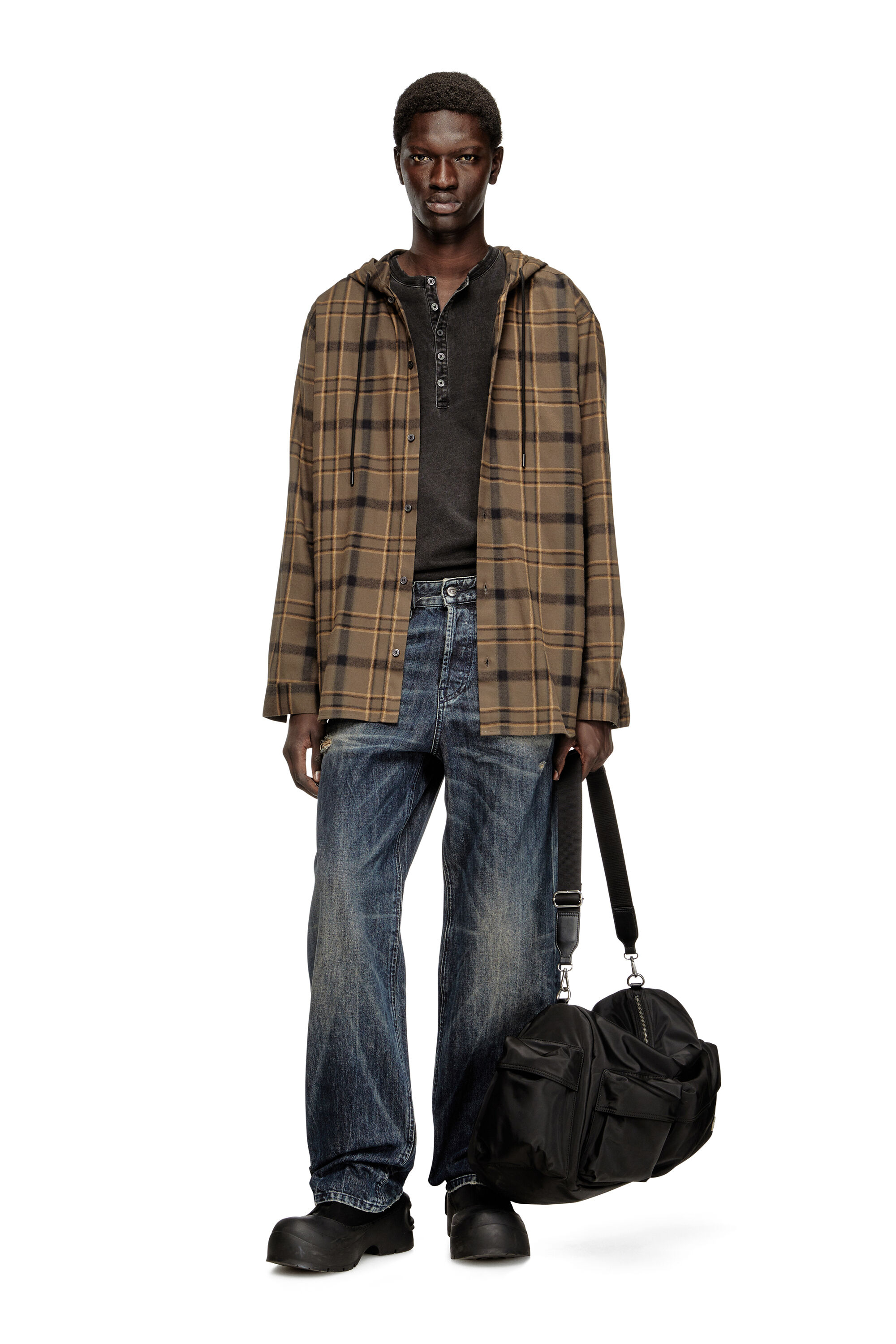 Diesel - S-IX, Man's Hooded shirt in check flannel with logo in Brown - 1