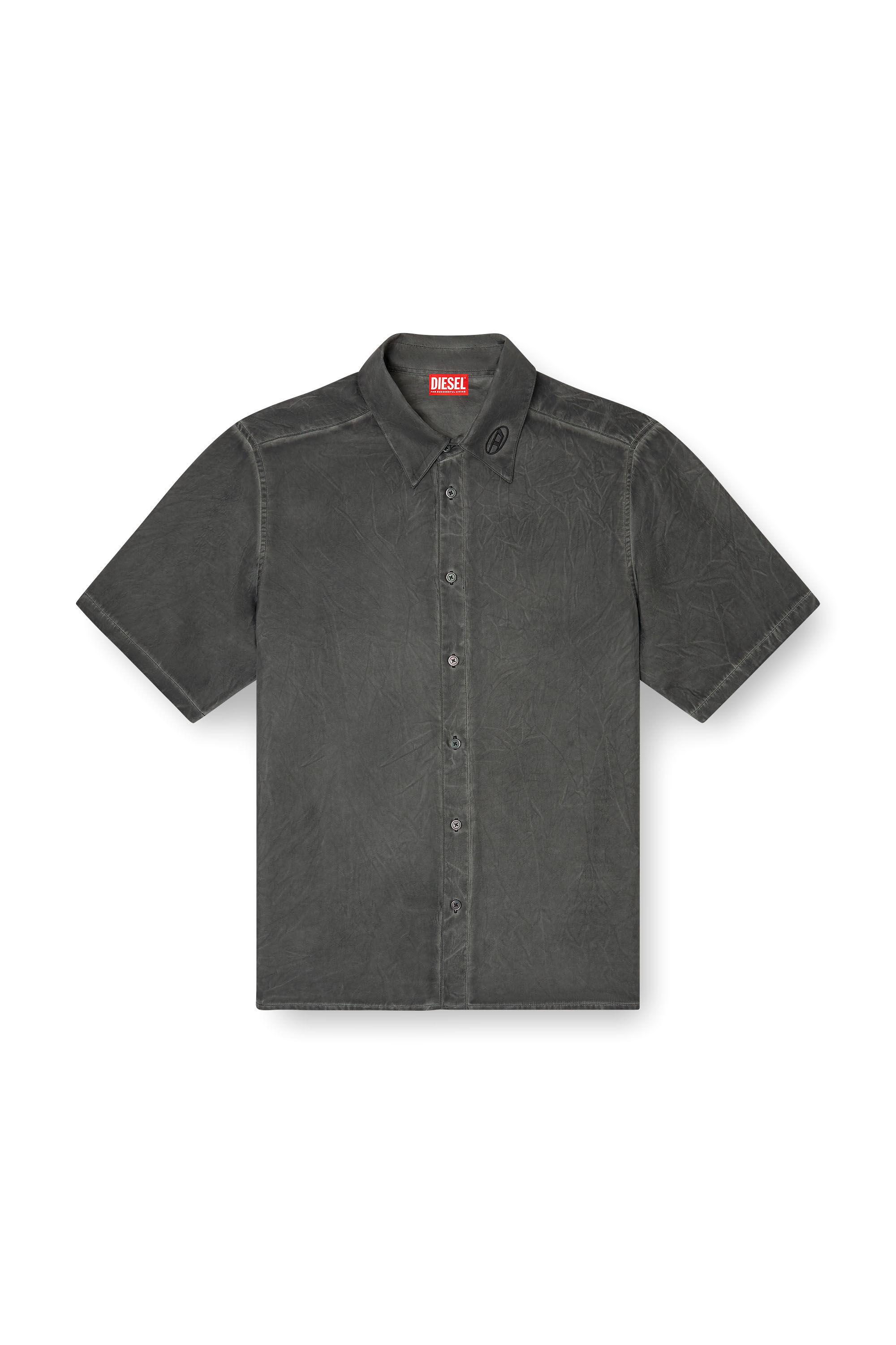 Diesel - S-LEON-SHORT, Unisex's Crinkled short-sleeve shirt with logo collar in Black - 2