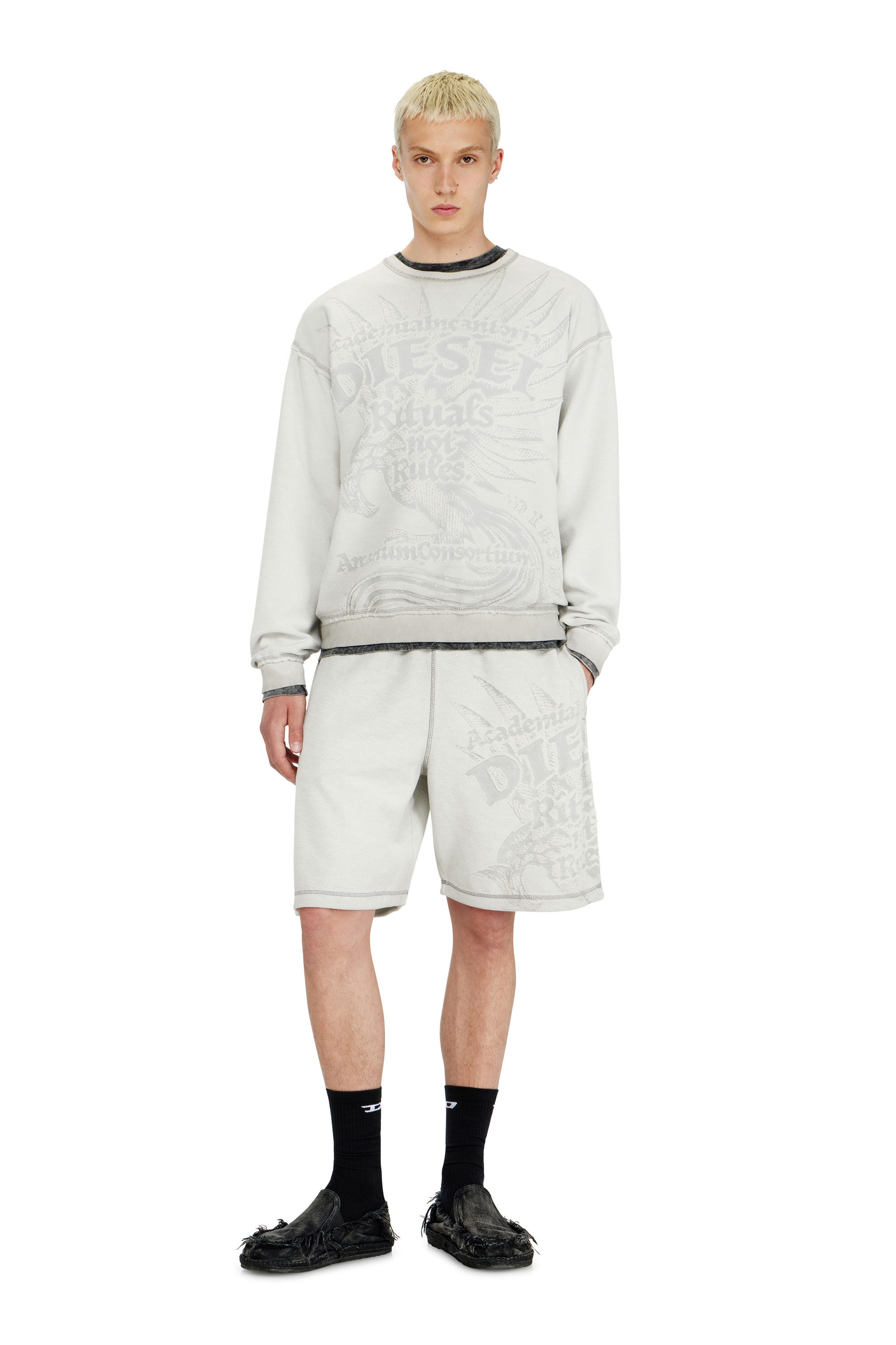 Diesel - P-RAWCROW, Man's Sweatshorts with d&eacute;vor&eacute; motifs in Light Grey - 1