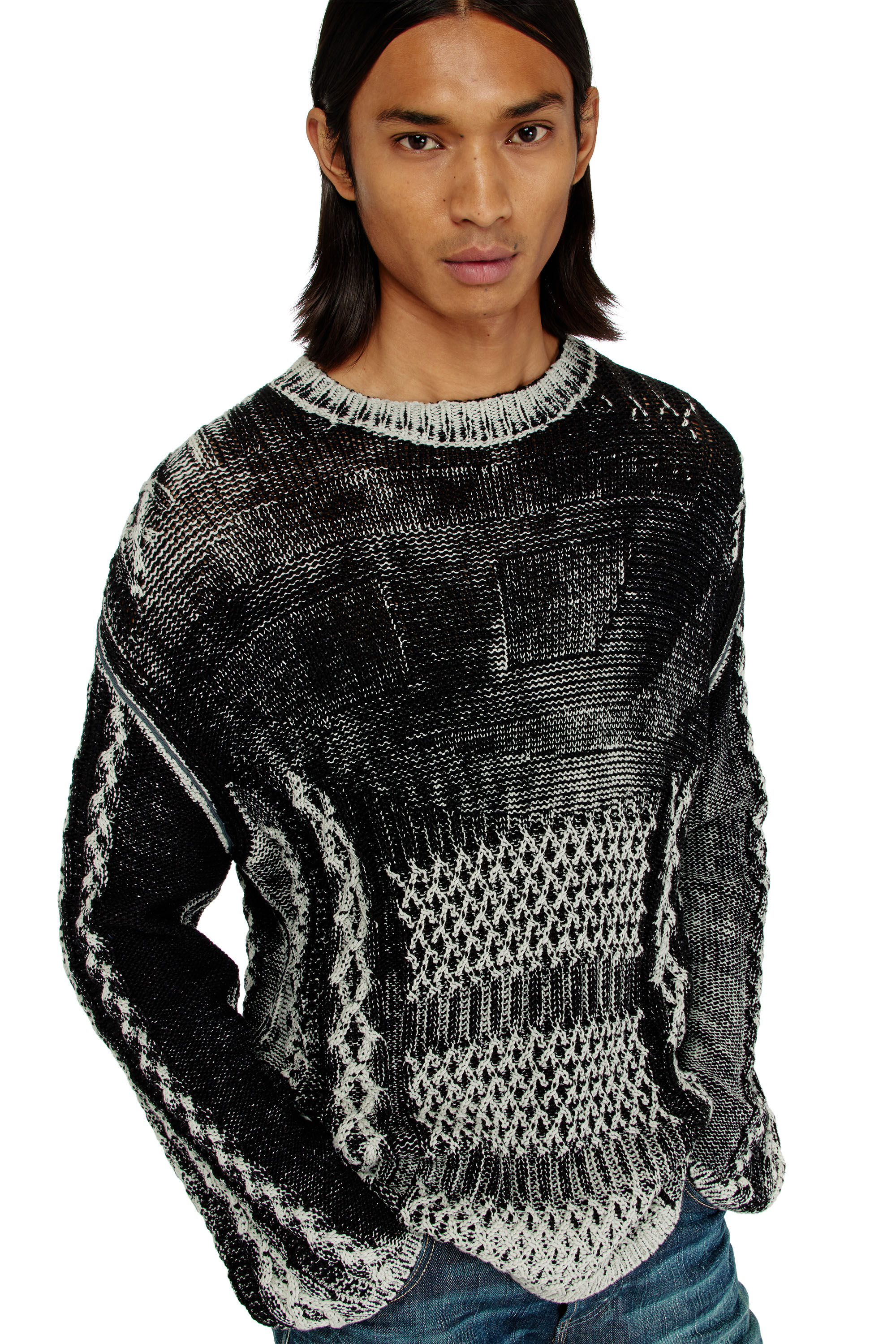 Diesel - K-MIONE, Man's Treated cable-knit jumper in Grey/Black - 5