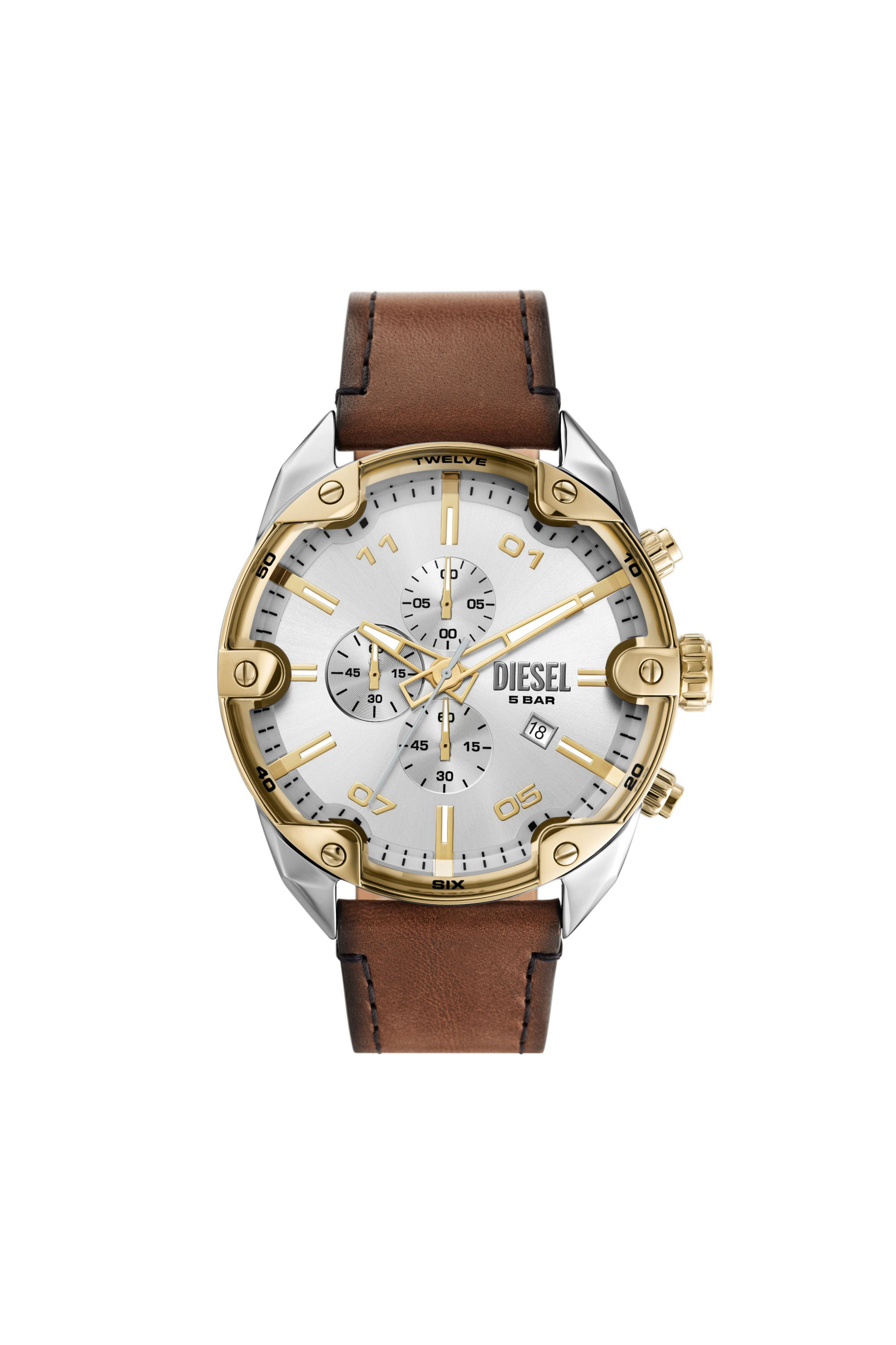 Men s Spiked chronograph brown leather watch Brown Diesel