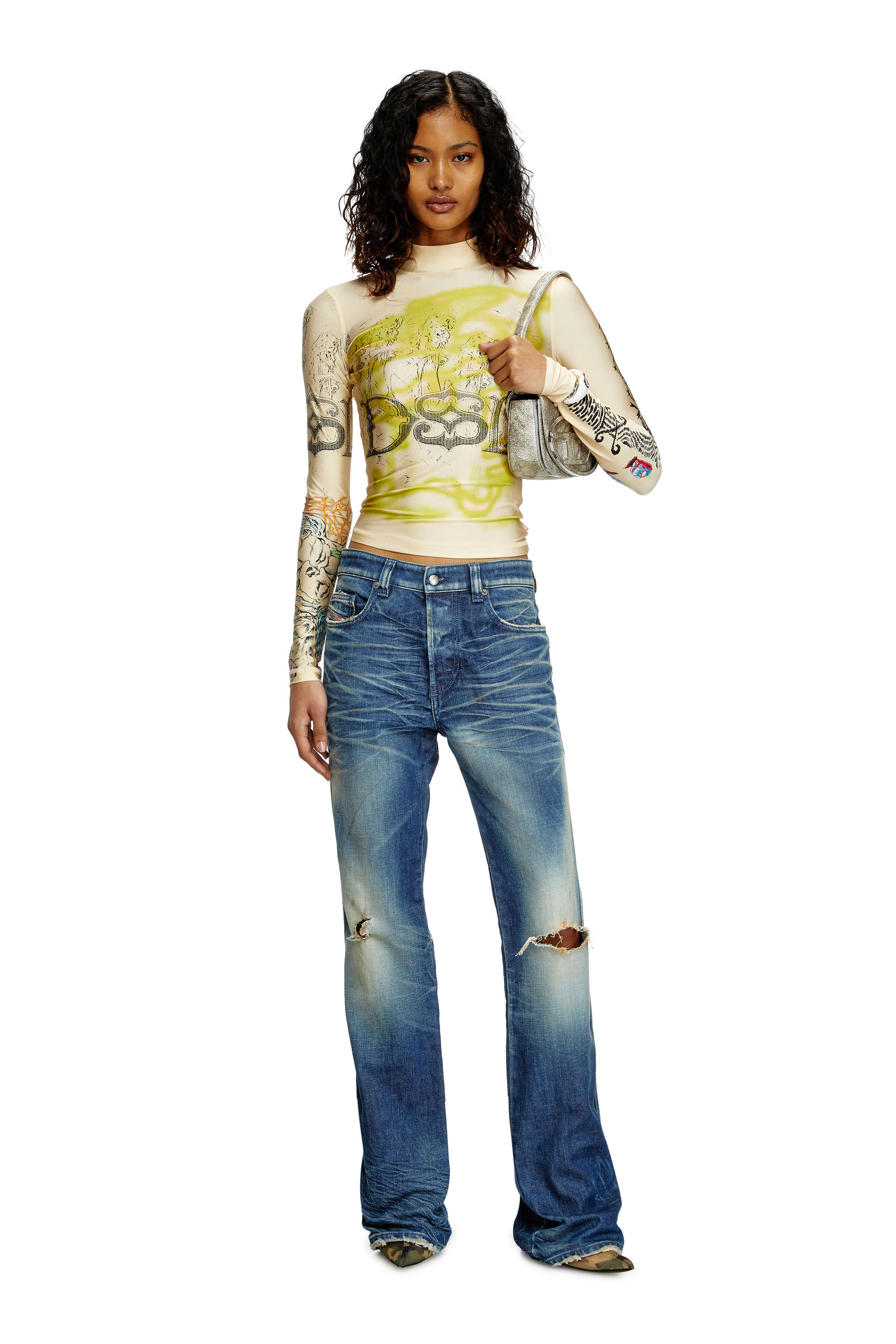 Women's Turtleneck top with tattoo print | Beige | Diesel