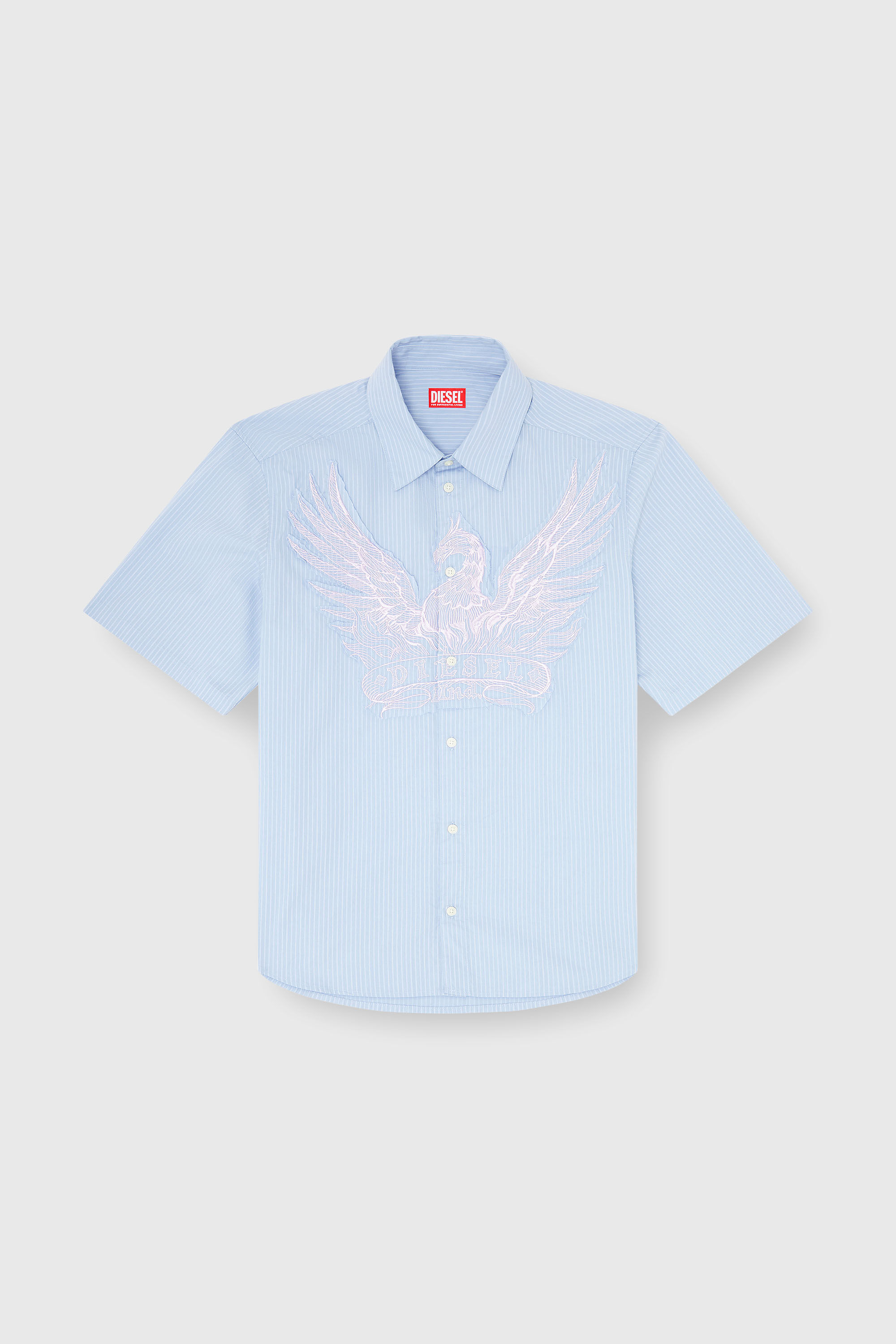Diesel - S-SIMPLY-SS-AGCZ, Man's Striped poplin shirt with embroidered patch in Light Blue - 2