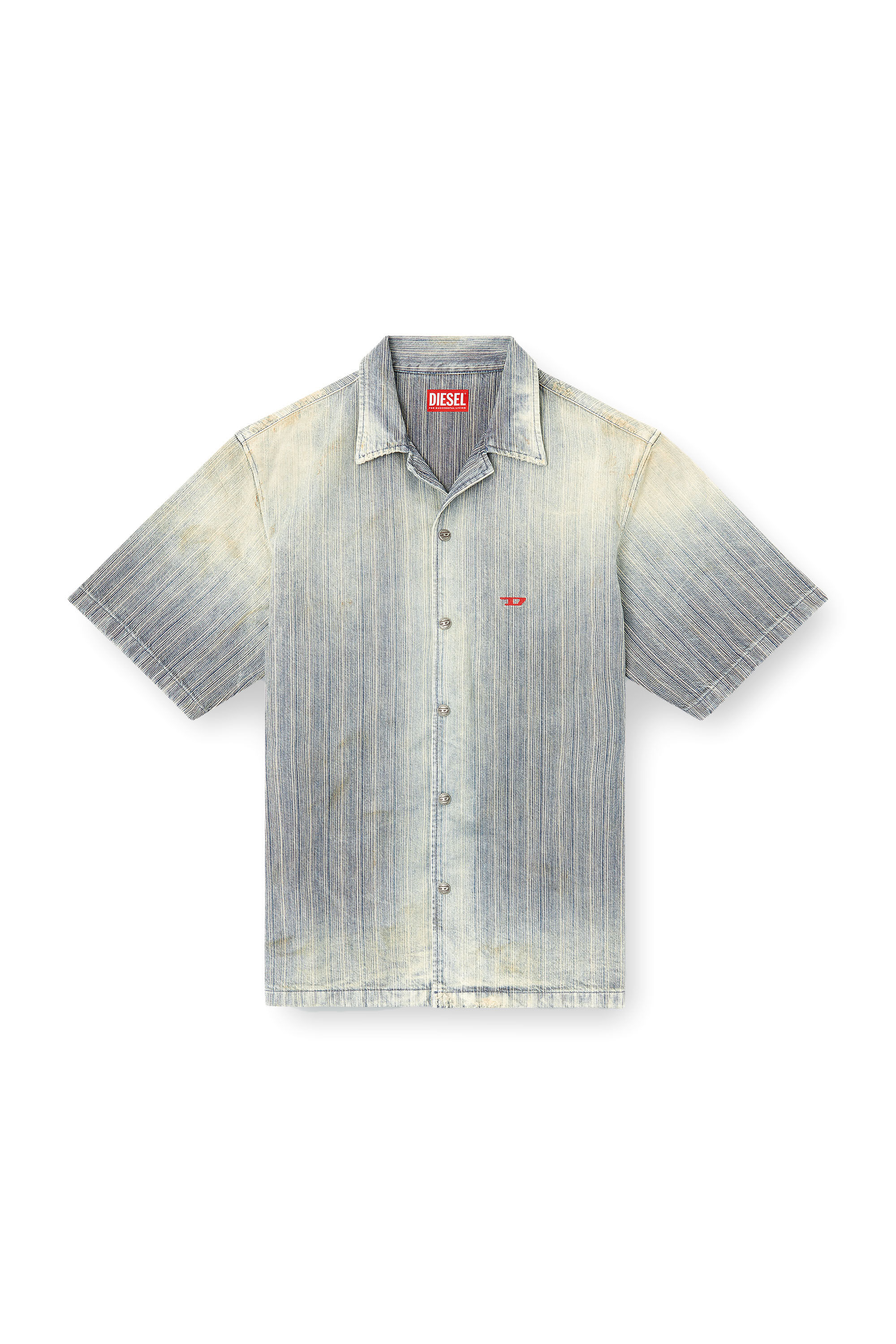 Diesel - D-NABIL-D, Man's Bowling shirt in striped indigo denim in Medium blue - 2
