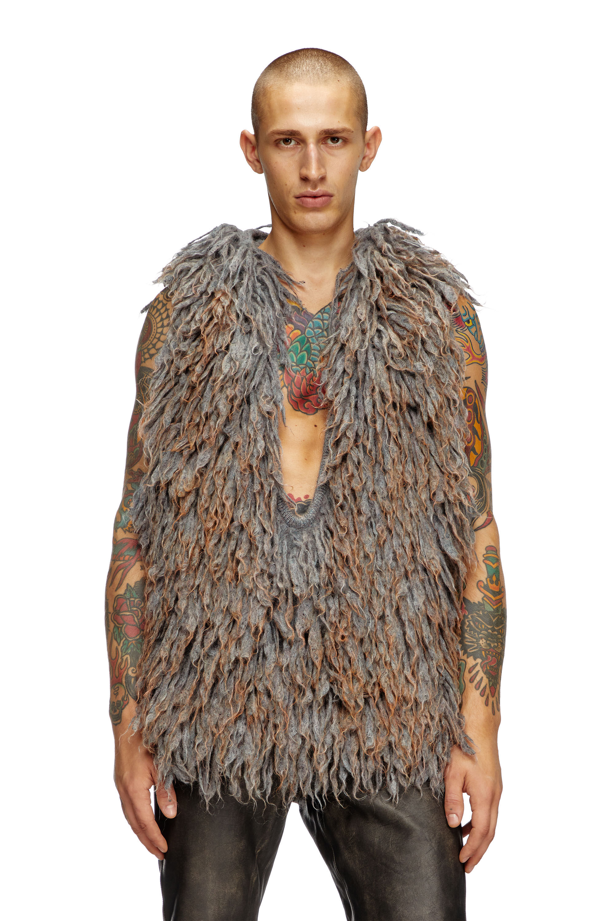 Diesel - K-HARUF, Man's Sleeveless hoodie in shaggy knit in Grey - 3