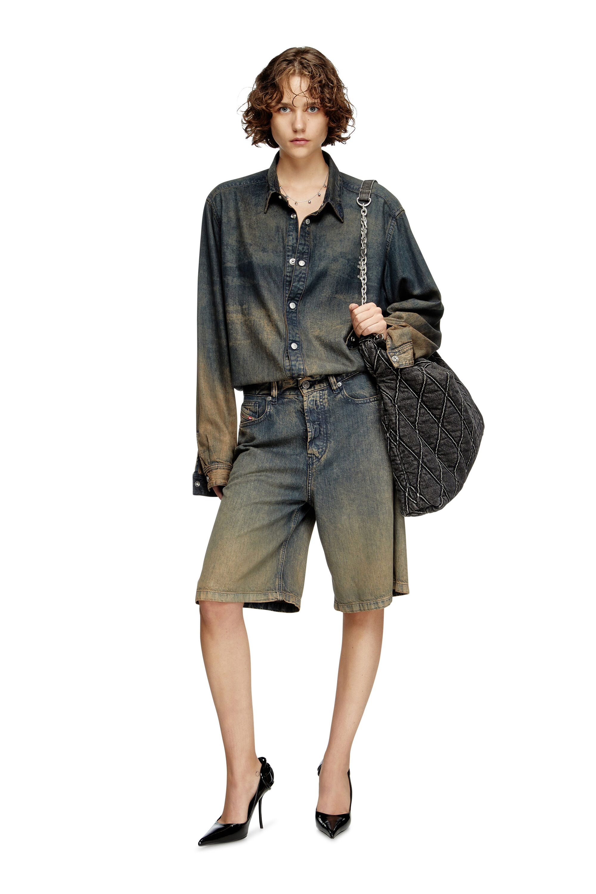 Diesel - CHARM-D HOBO, Woman's Large hobo in treated quilted denim in Black - 1