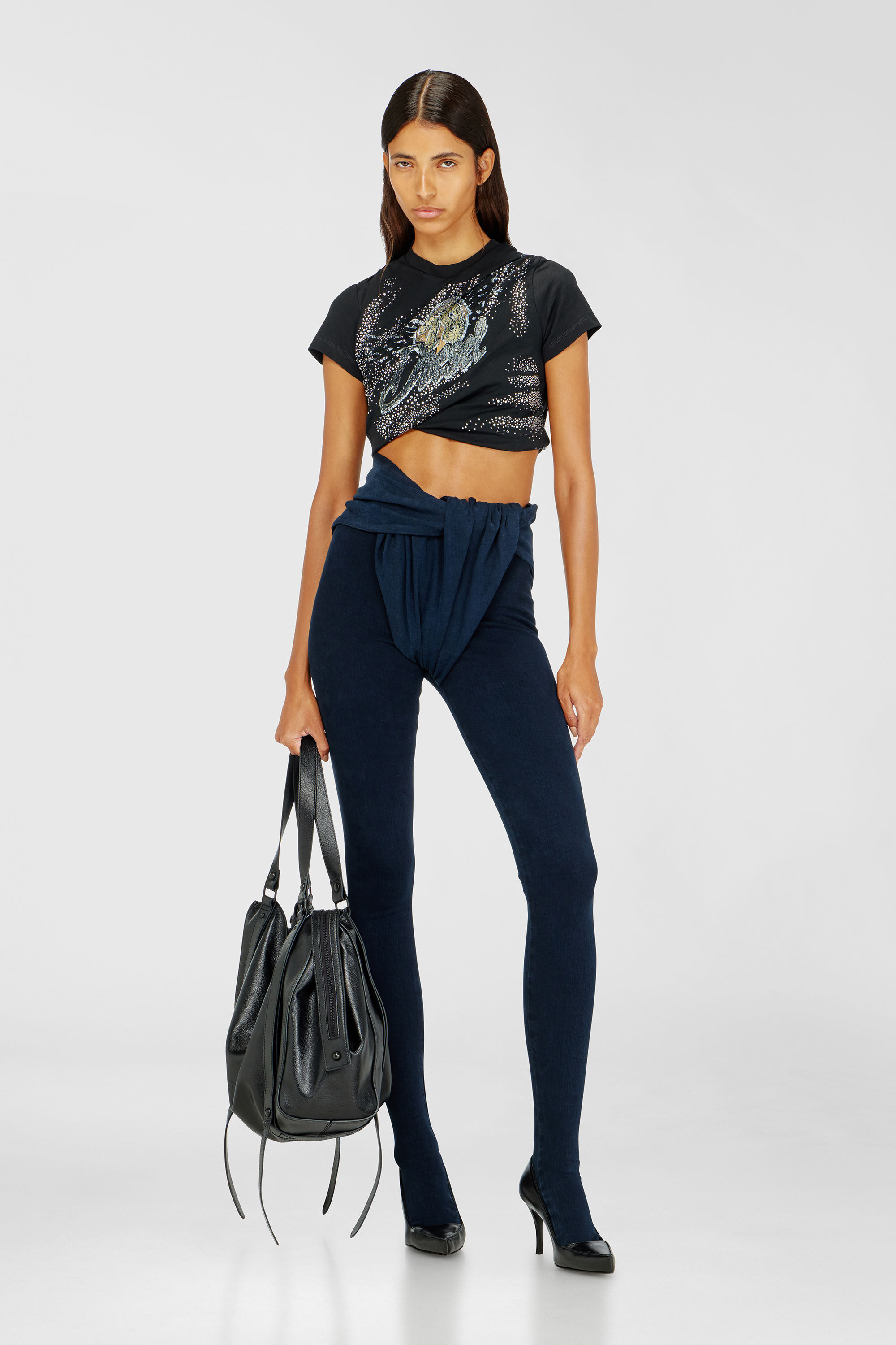 Diesel - T-WINCY, Woman's Rucked-up T-shirt in double-layer jersey in Black - 1