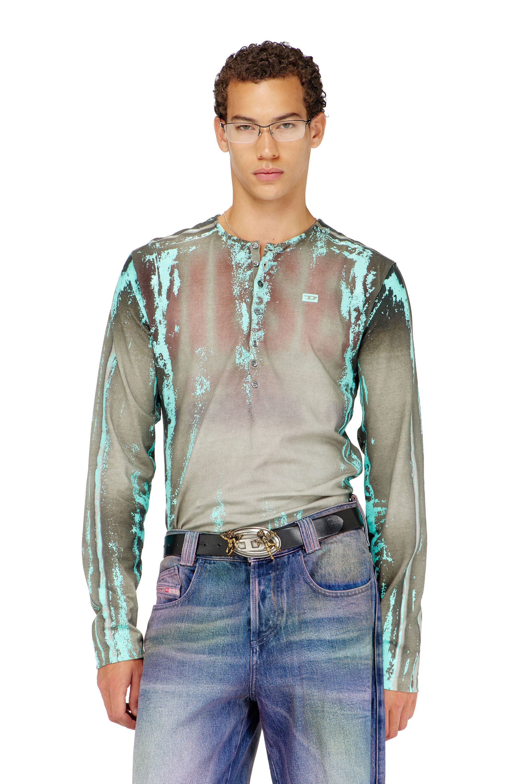 Diesel - T-FYNO-ML, Man's Grandad T-shirt in cracked leather-effect jersey in Green - 3
