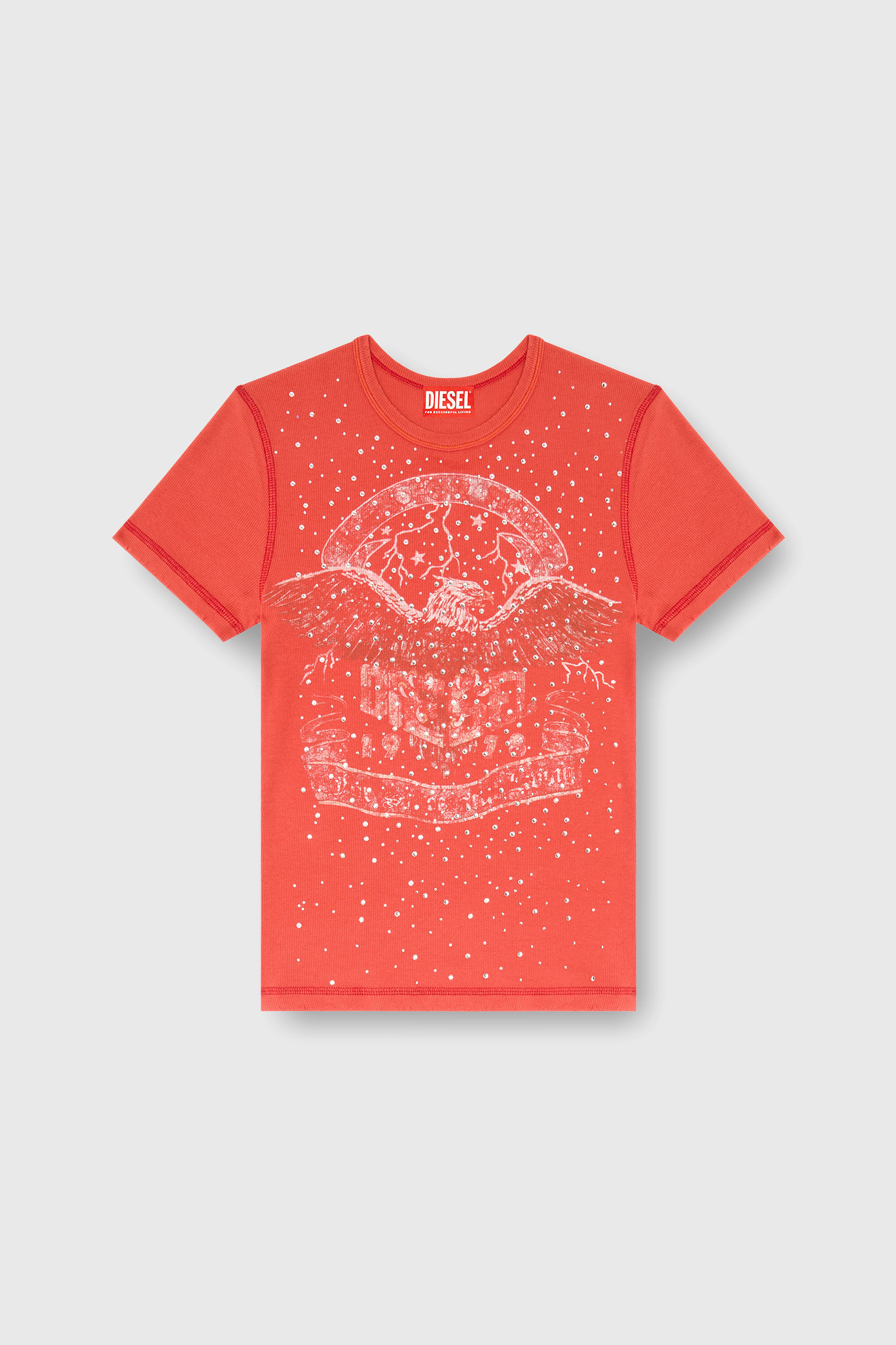 Diesel - T-MARSY-RIB-CRY, Woman's T-shirt with concert graphics and crystals in Red - 2