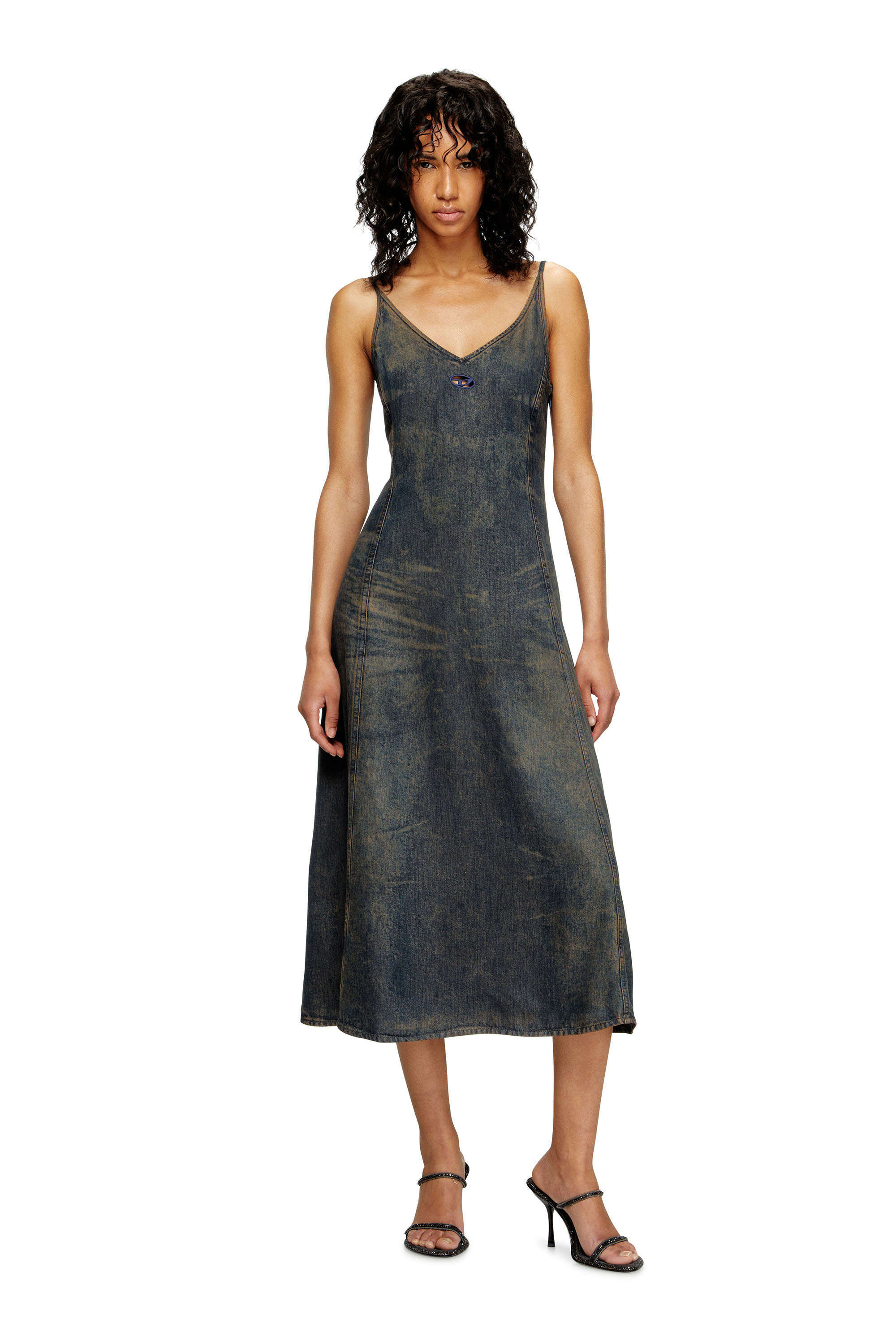 Diesel - DE-BELD-S, Woman's Midi dress in fluid dirt-effect denim in Dark Blue - 3