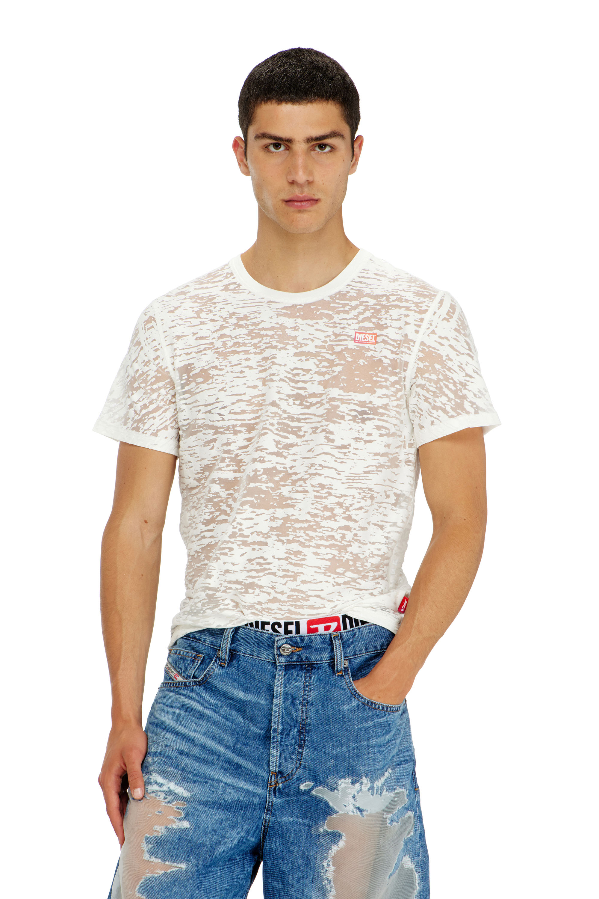 Diesel - PR-T-NOTS-MATI-R, Unisex's T-shirt in all-over devor&eacute; jersey in White - 1