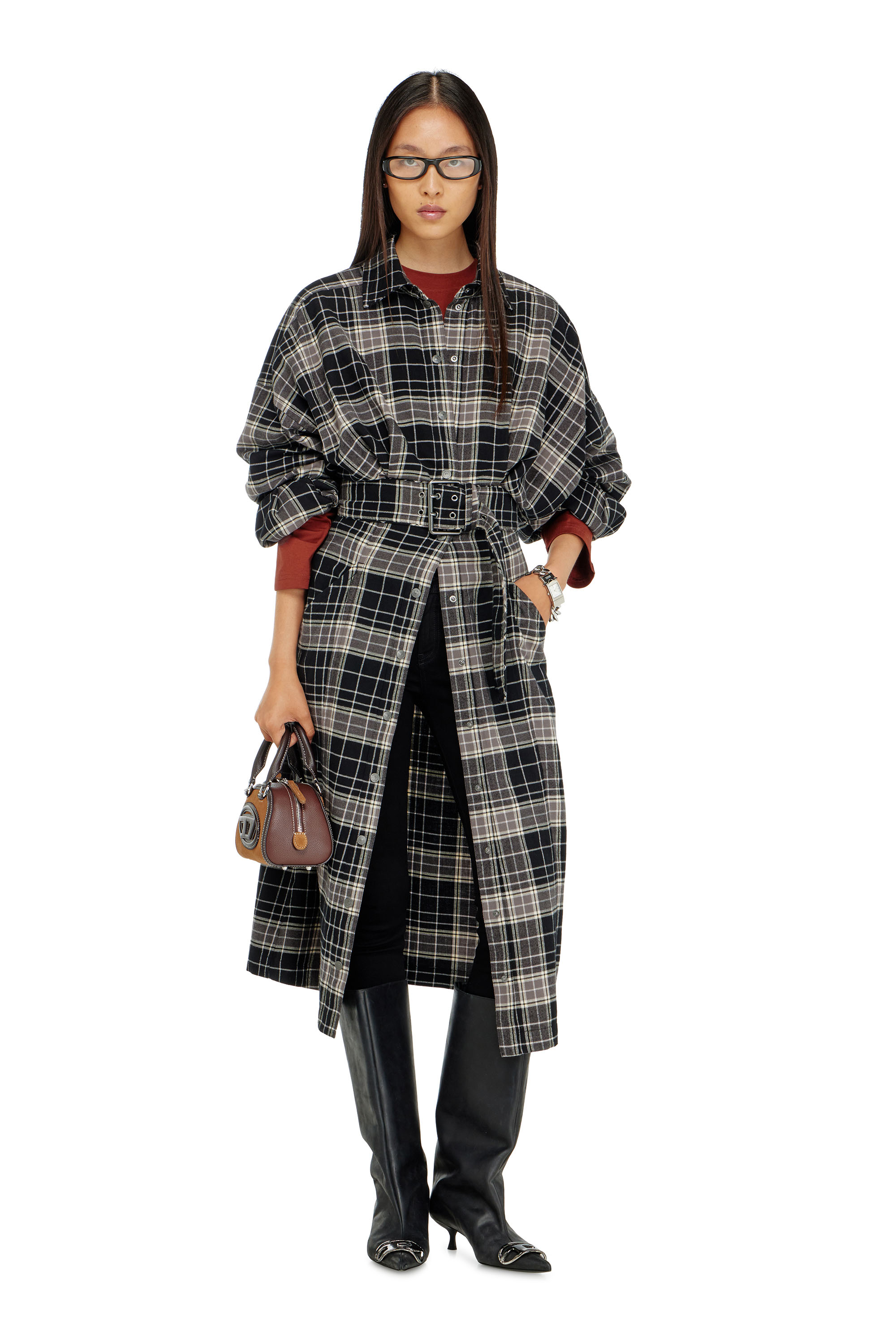 Diesel - D-EDALUS, Woman's Midi dress in check flannel with wide belt in Grey/Black - 2