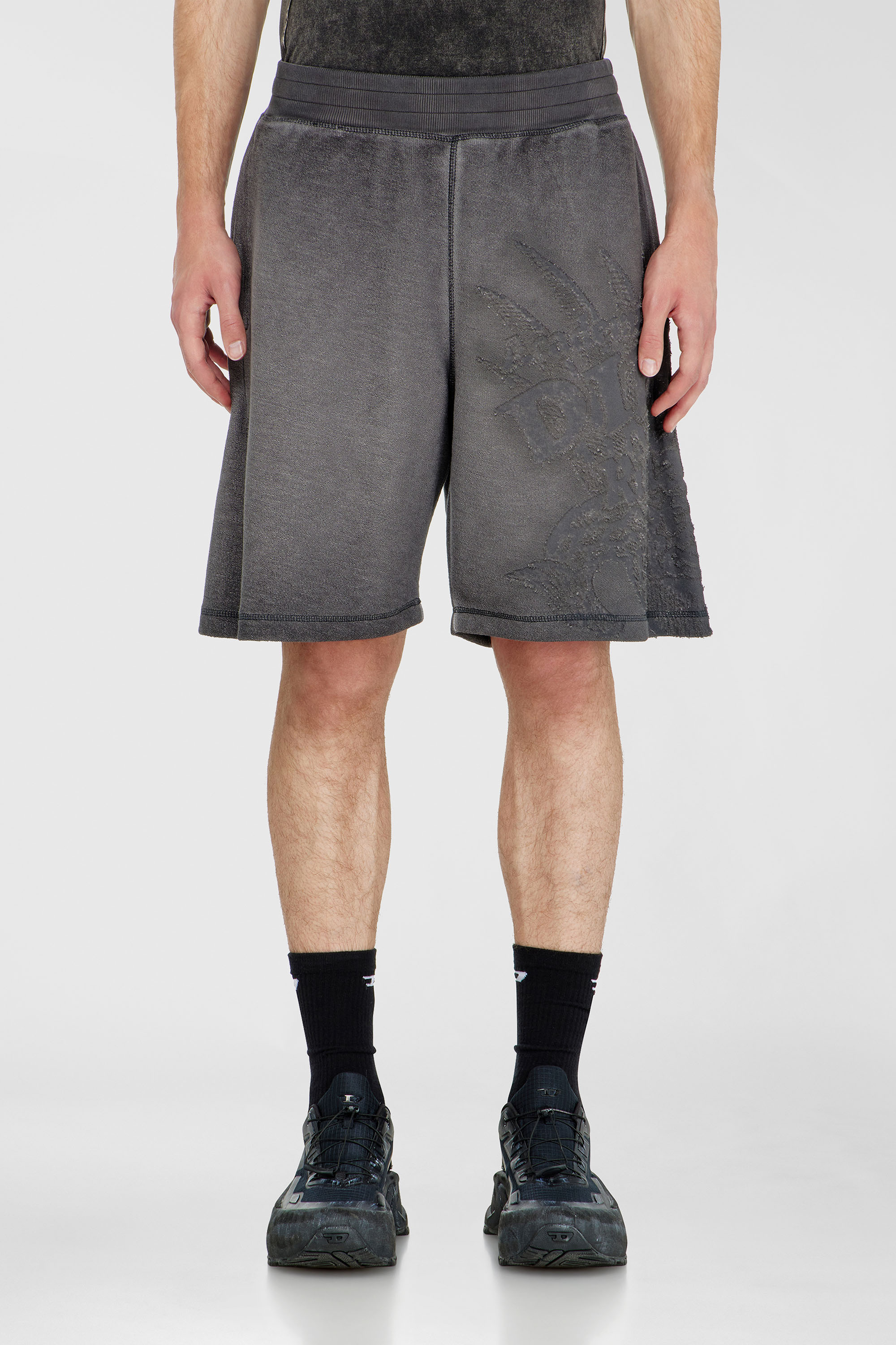 Diesel - P-RAWCROW, Man's Sweatshorts with d&eacute;vor&eacute; motifs in Dark grey - 3