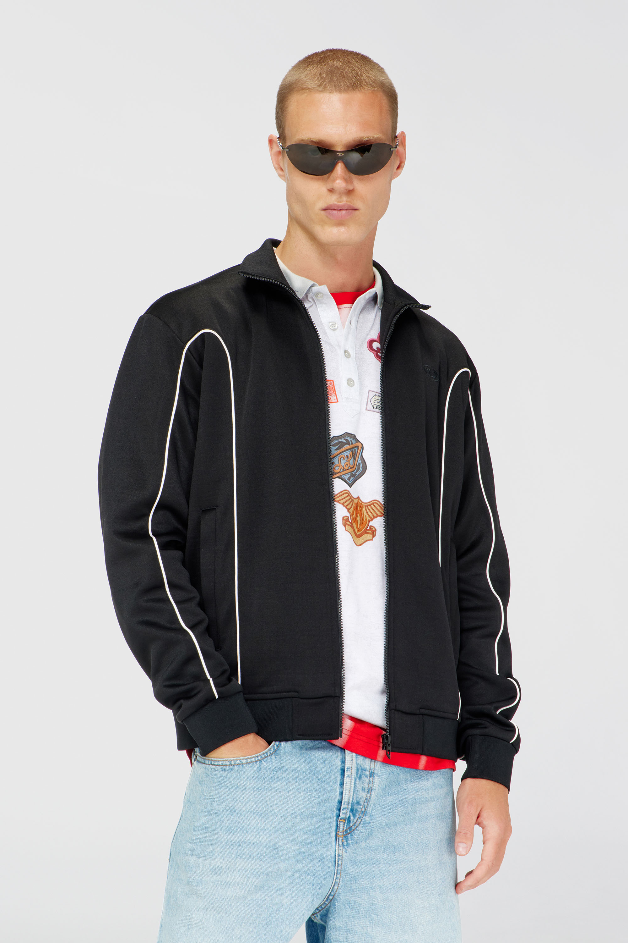 Diesel - S-LOCKING-DO, Man's Sweat fabric track jacket with contrast piping in Black - 3