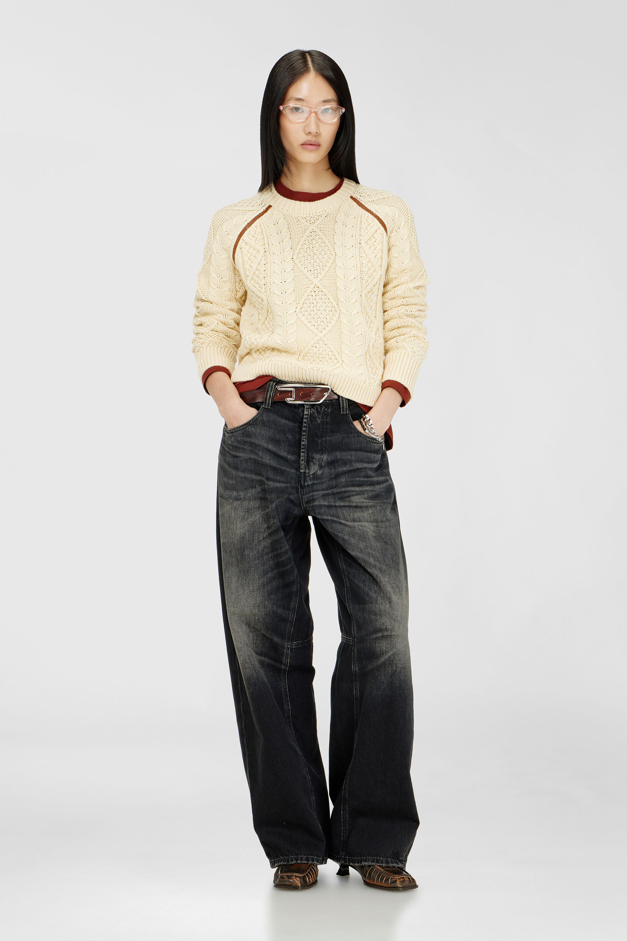 Cable-knit jumper with contrast bands