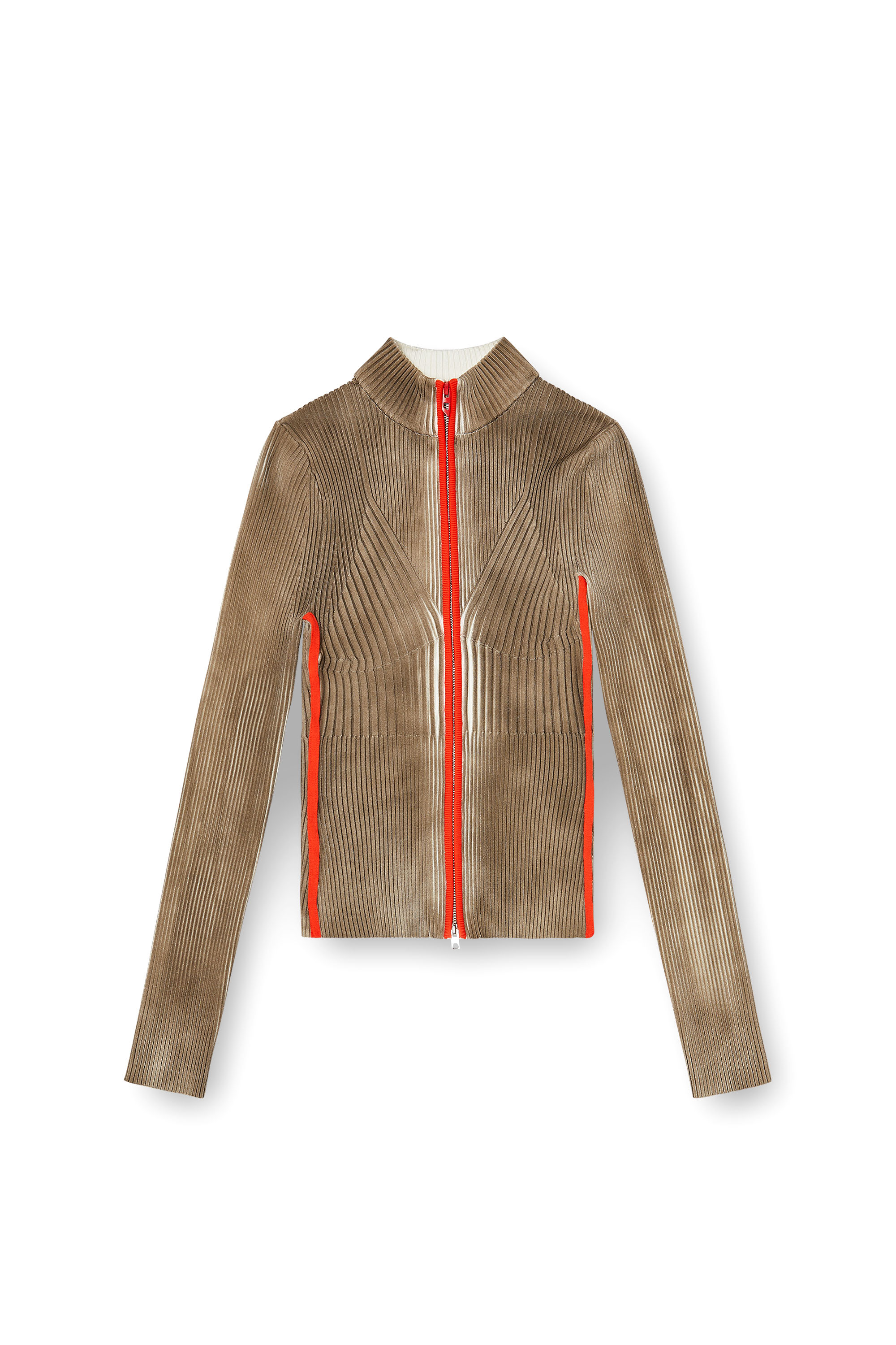 Diesel - M-SARMA, Woman's Ribbed zip cardigan with contrast bands in Red/Brown - 2