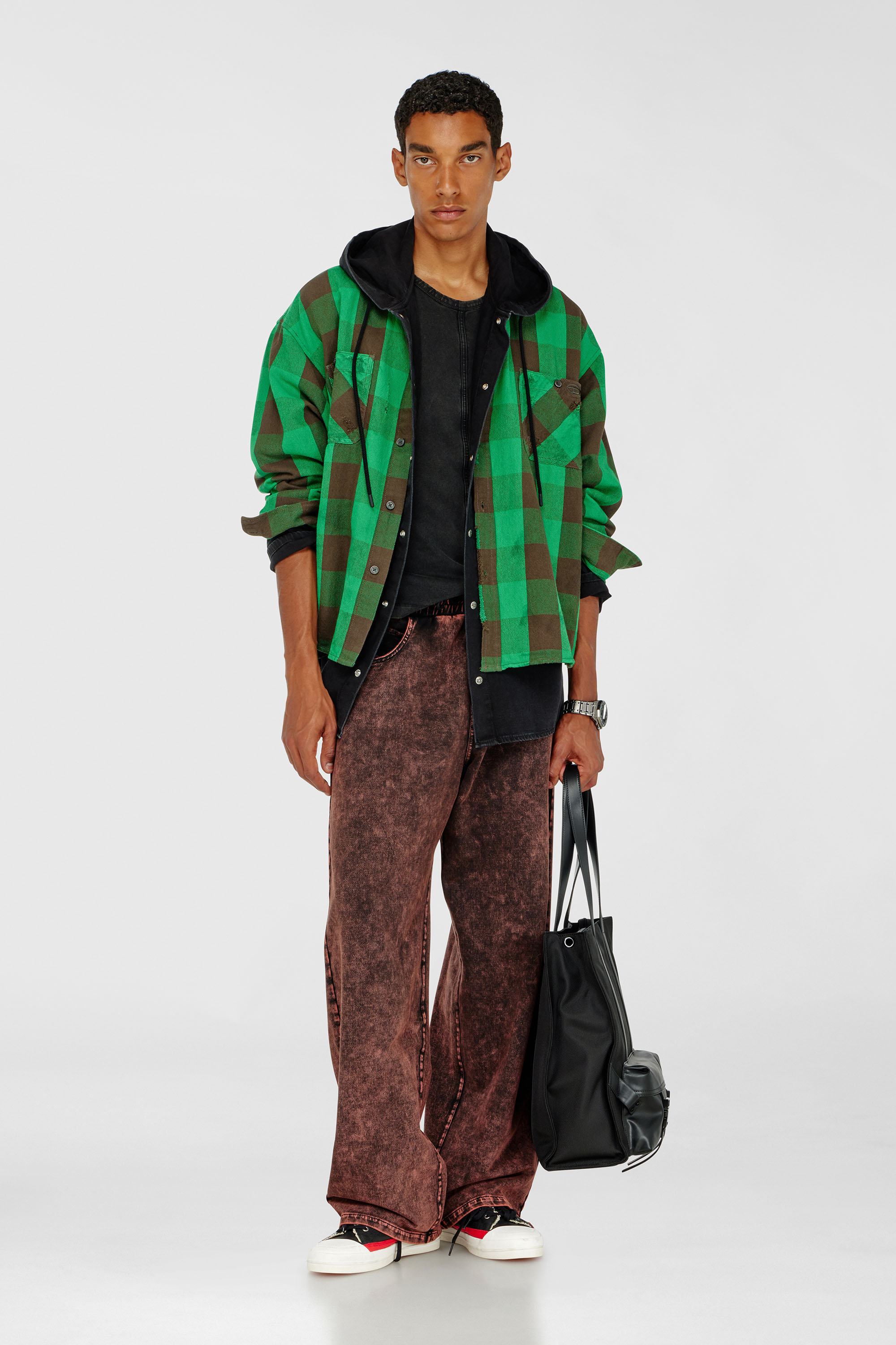 Diesel - S-DRUM, Man's Check flannel shirt with distressed effect in Brown/Green - 2