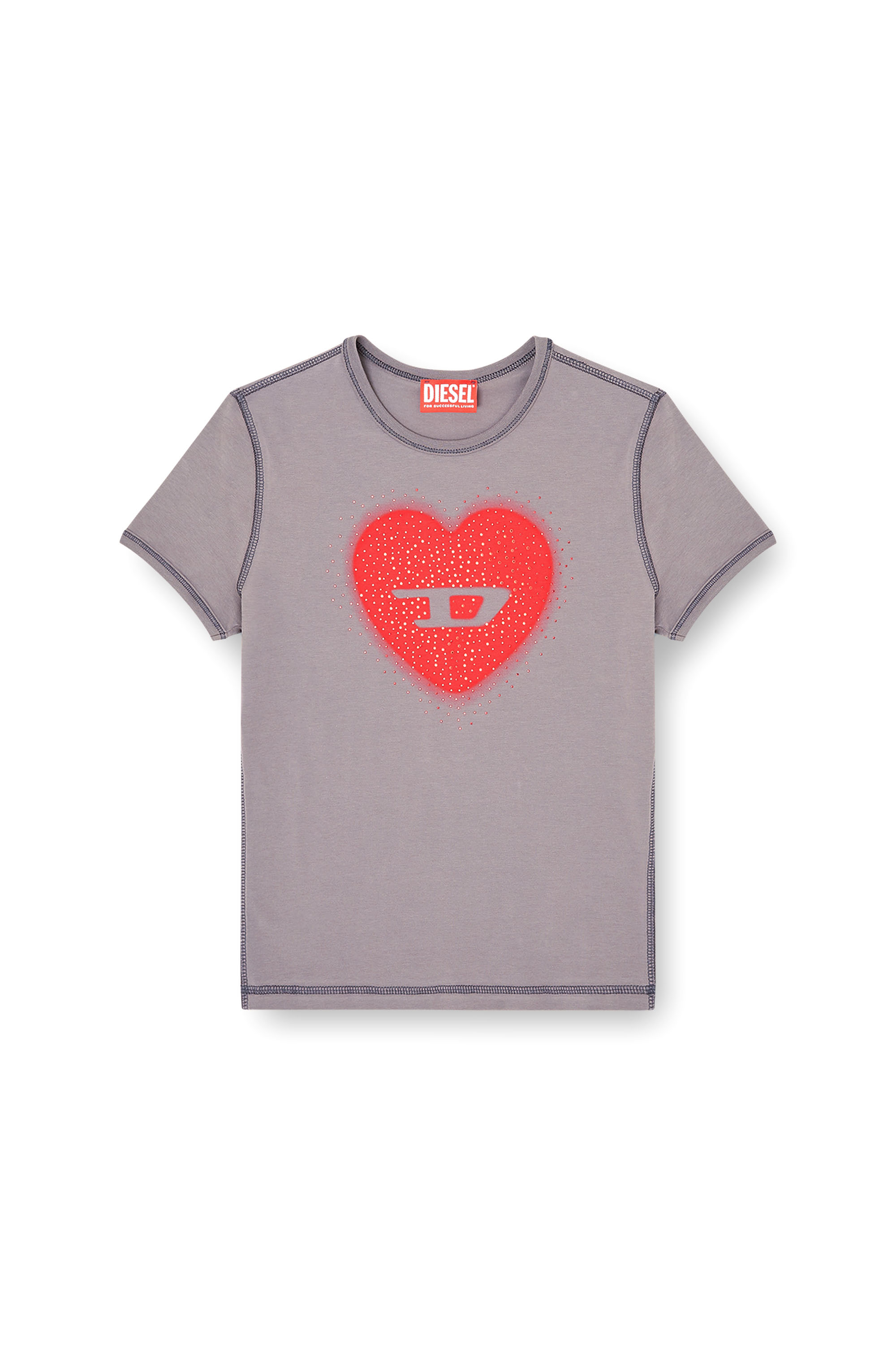 Diesel - T-UNCUTIES-LONG-S5, Woman's Slim T-shirt with heart print and studs in Grey - 2