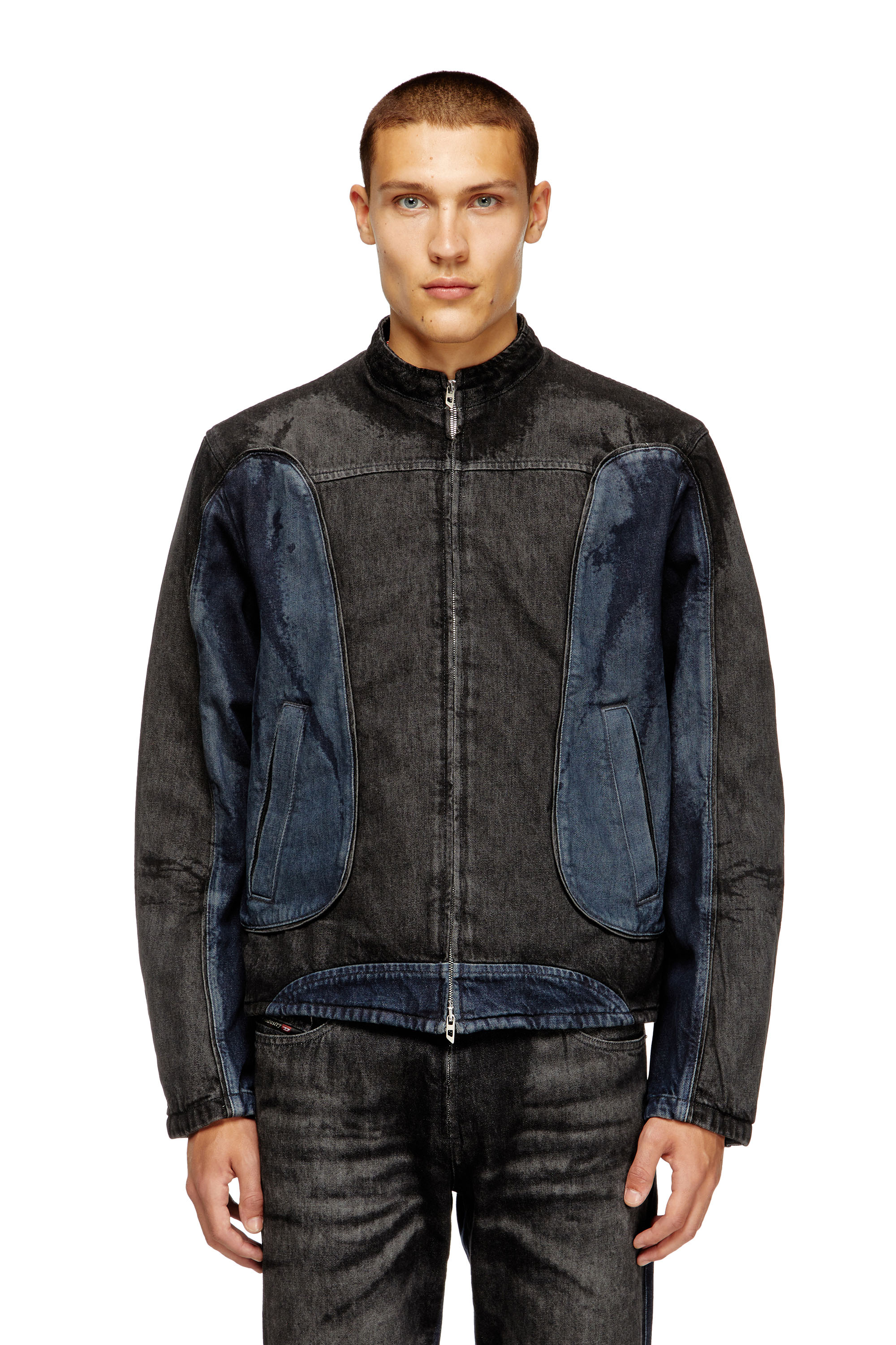 Diesel - D-BLENK-S, Man's Biker-style jacket in bicolour denim in Black/Blue - 3