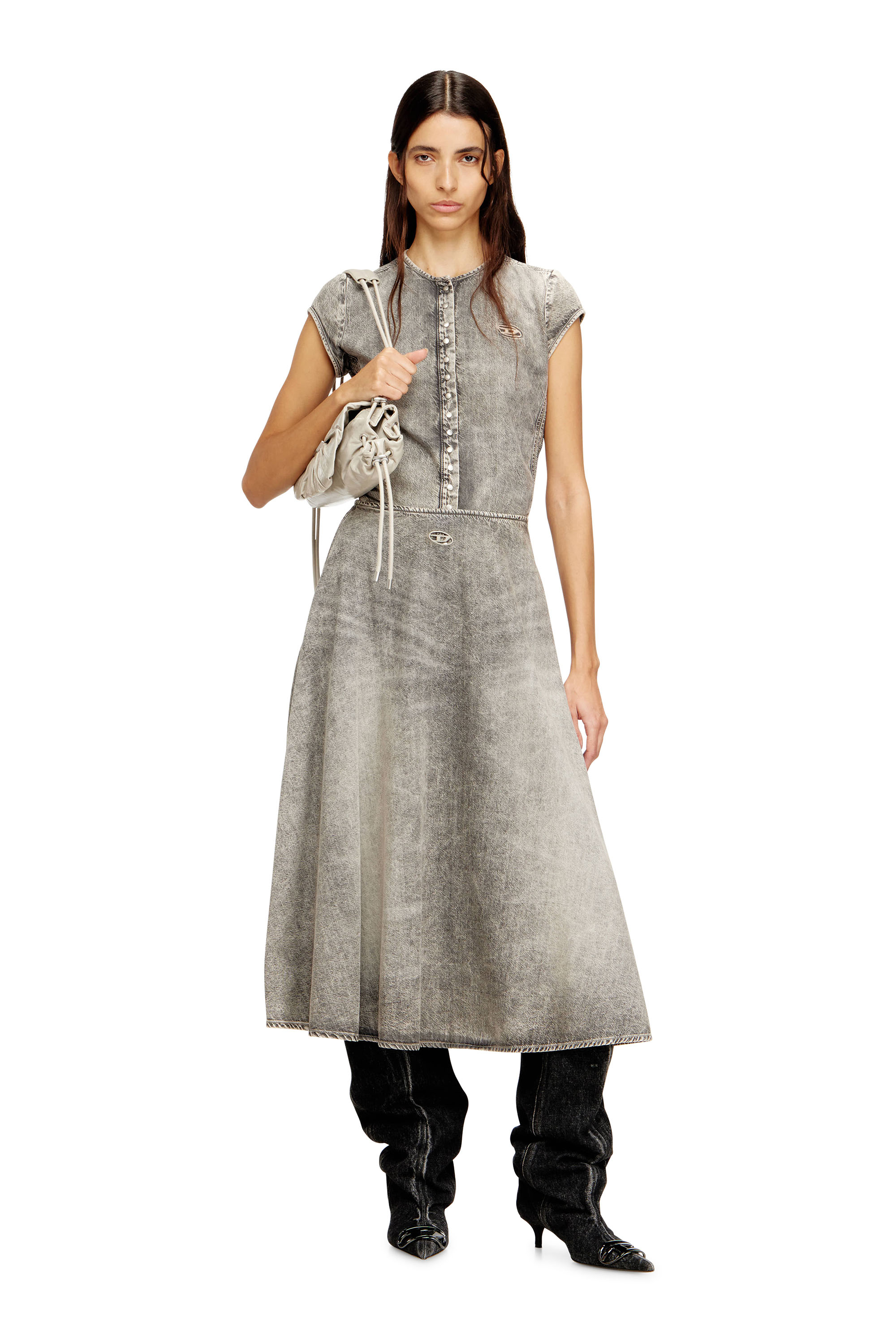 Diesel - DE-ROSET-S, Woman's Short-sleeve denim shirt with athletic stripes in Grey - 1