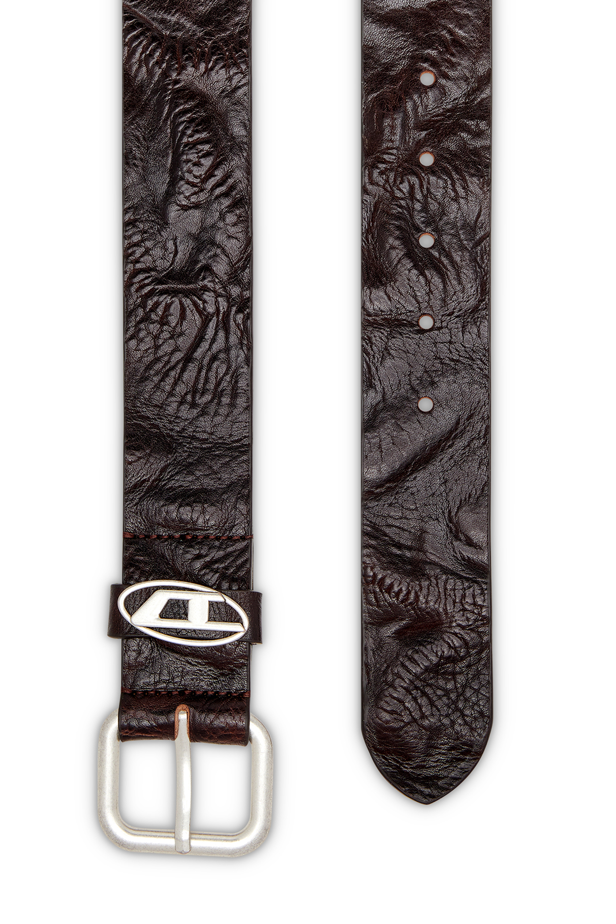 Diesel - B-1DR OVAL D LOOP, Unisex's Logo-plaque wrinkled leather belt in Dark Brown - 2