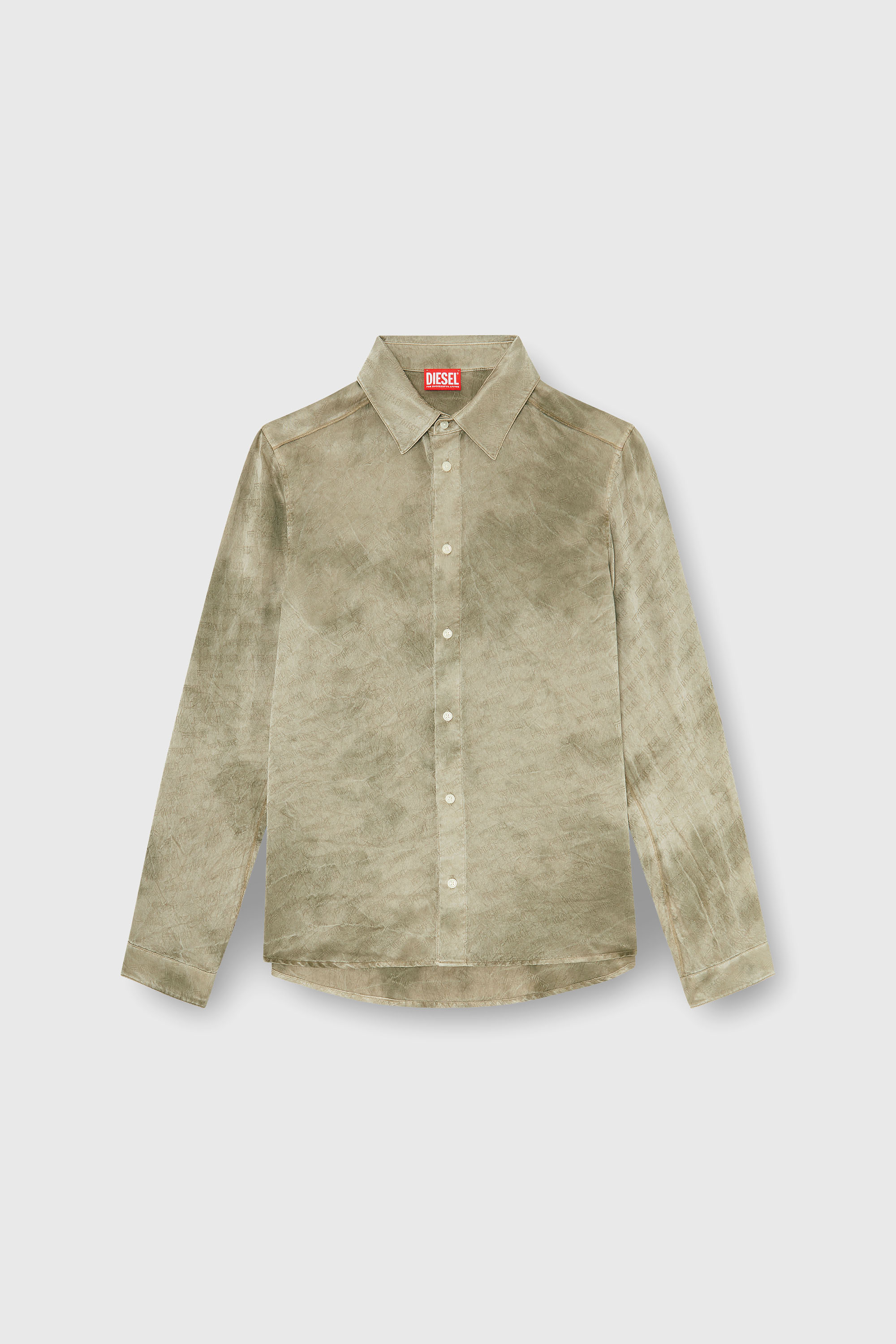 Diesel - S-KISSY-HNBW, Man's Shirt in logo-jacquard crinkled satin in Light Brown - 2