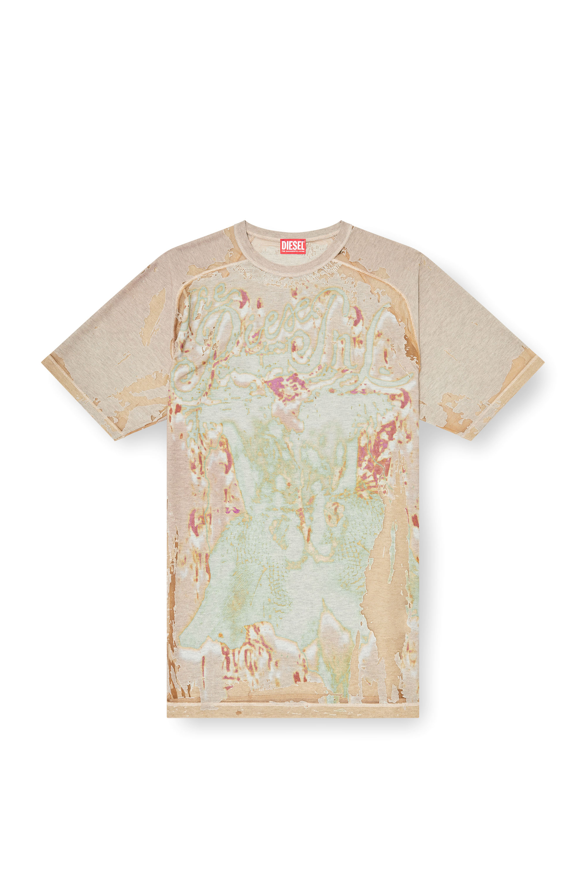 Diesel - T-LIVO, Man's T-shirt in printed devor&eacute; jersey in Light Brown - 3