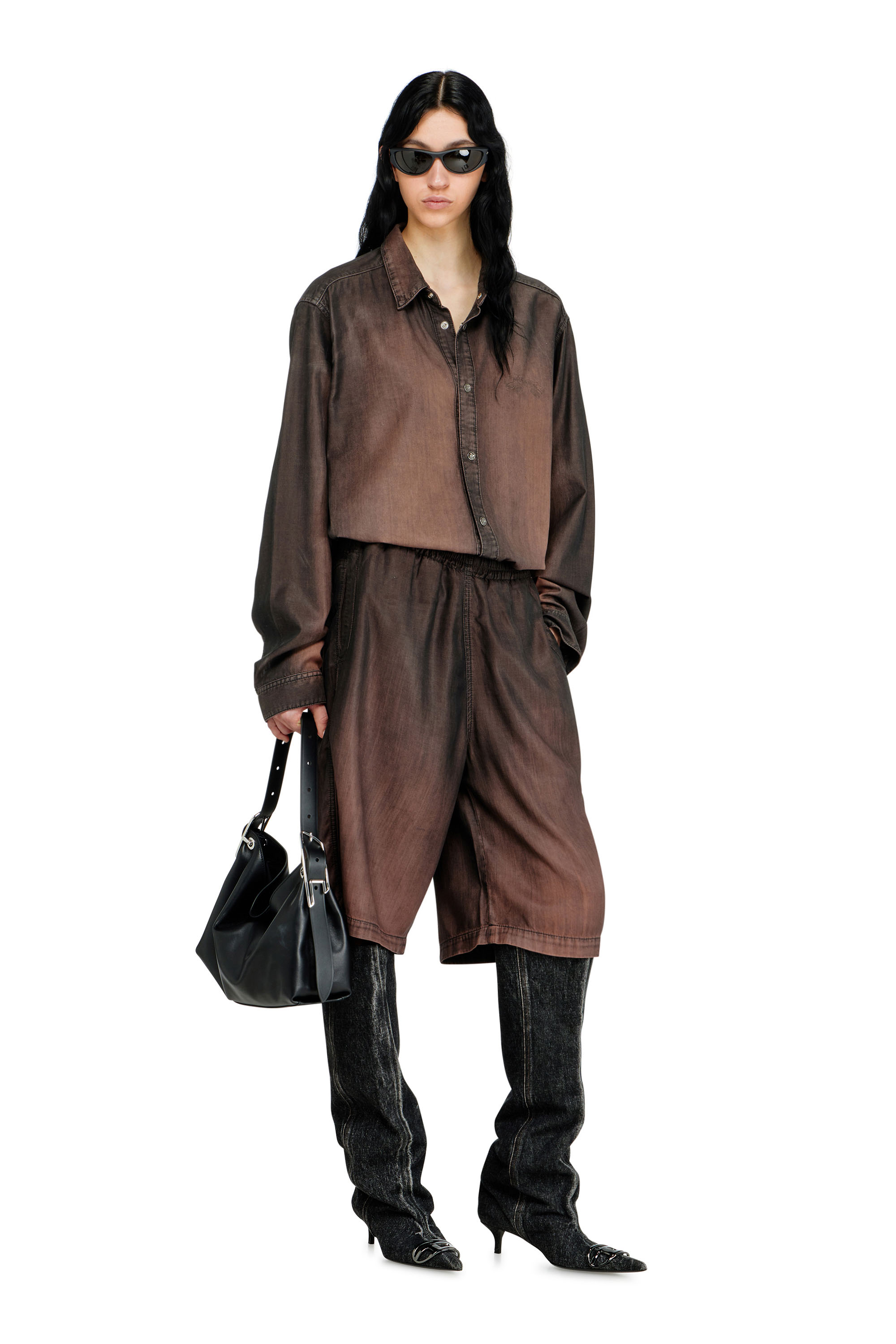 Diesel - D-RODER-SHORT-S, Unisex's Relaxed bermuda shorts in fluid coated denim in Brown - 1